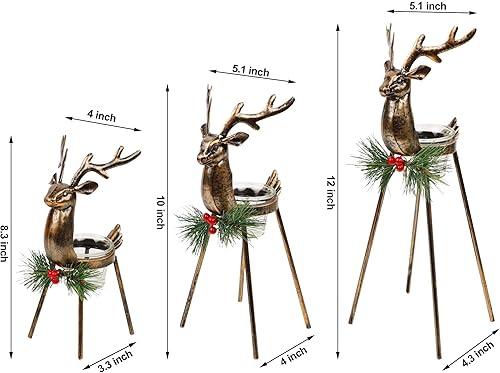 Miniatura 2 de Juegoal Juego de 3 portavelas de reno para velas tealight, decoraciones navideñas de hierro en metal, portavelas de vidrio para votiva, centro de