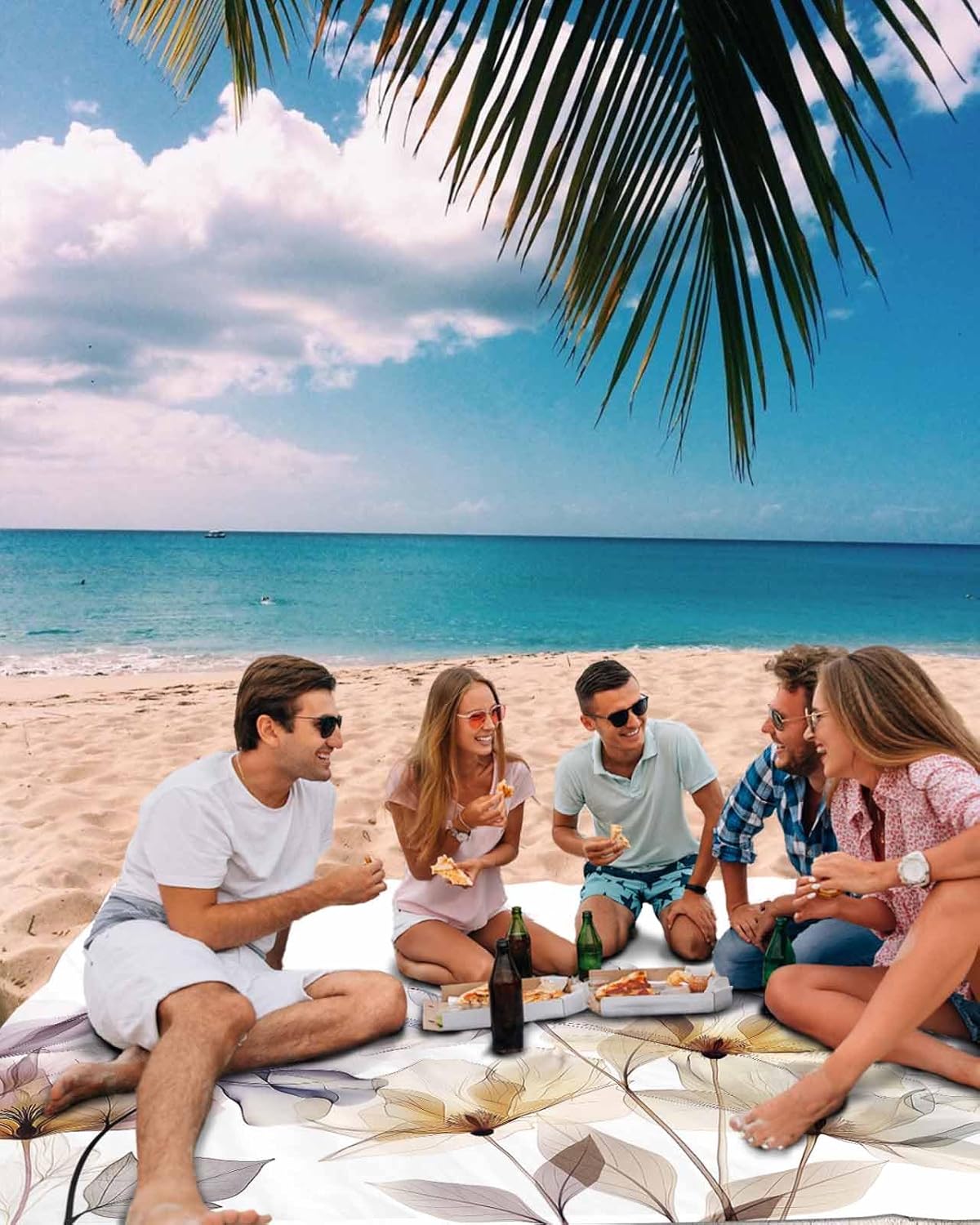 Abstract Blossom Floral on White Beach Blanket Waterproof Sandproof Outdoor Picnic Mat 83"x79" Watercolor Garden Flower Texture Lightweight Large Beach Blankets with 4 Stake & 4 Corner Pockets