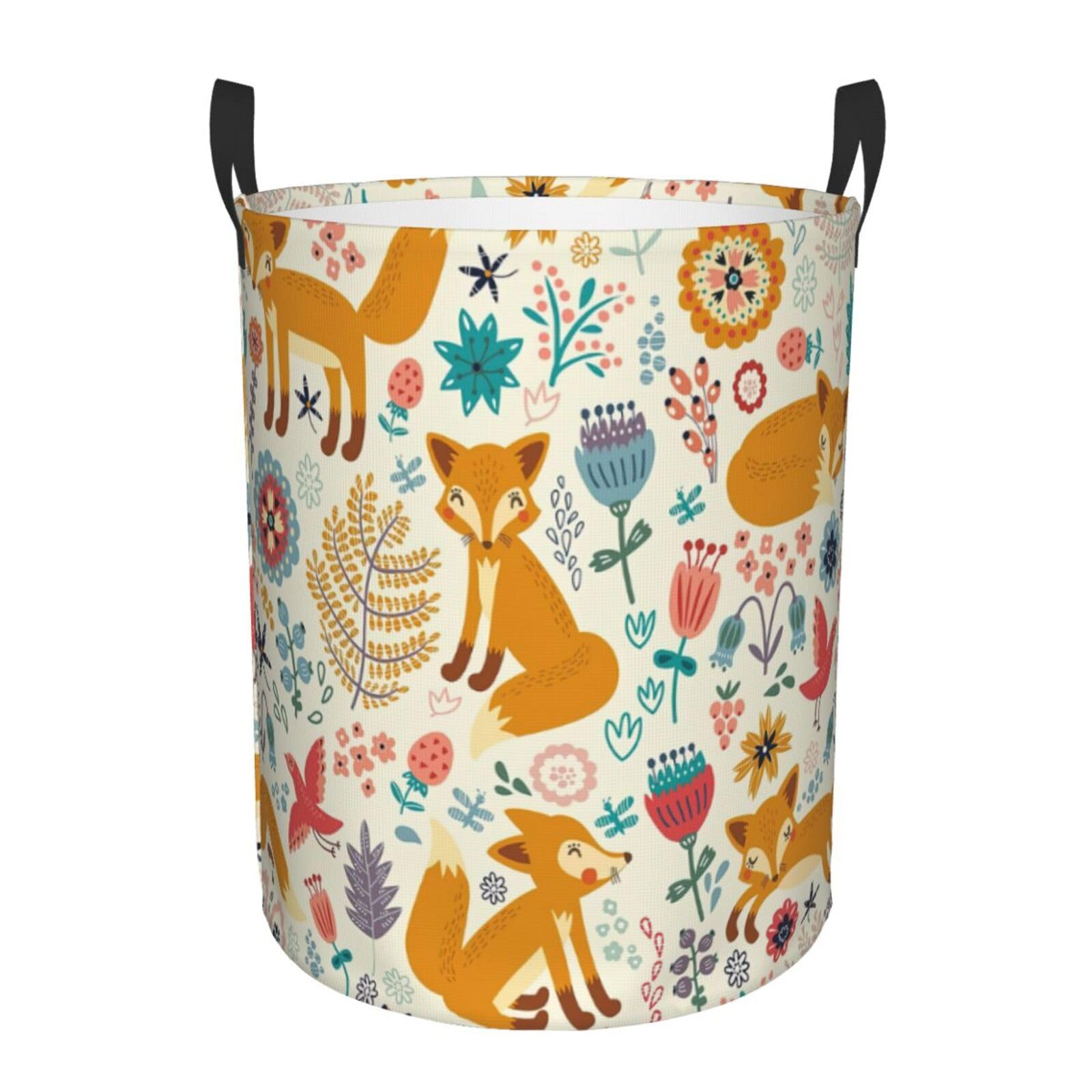 M Collapsible Round Cute Floral Animal Pattern Print Laundry Hamper