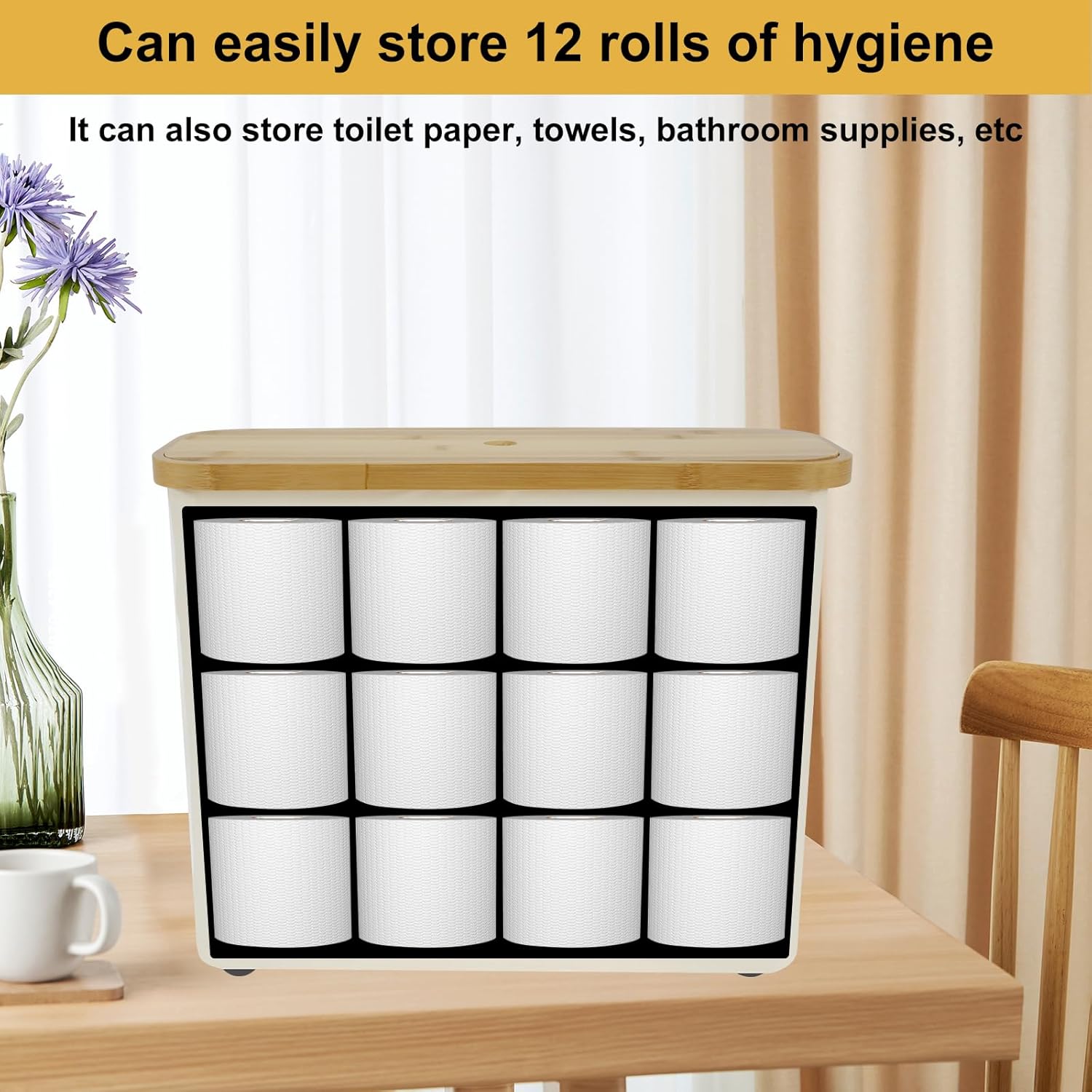 Large Capacity Toilet Paper Basket With Wooden Lid - Foldable Storage Organizer Cabinet for Bathroom Accessories (Style1-Beige)