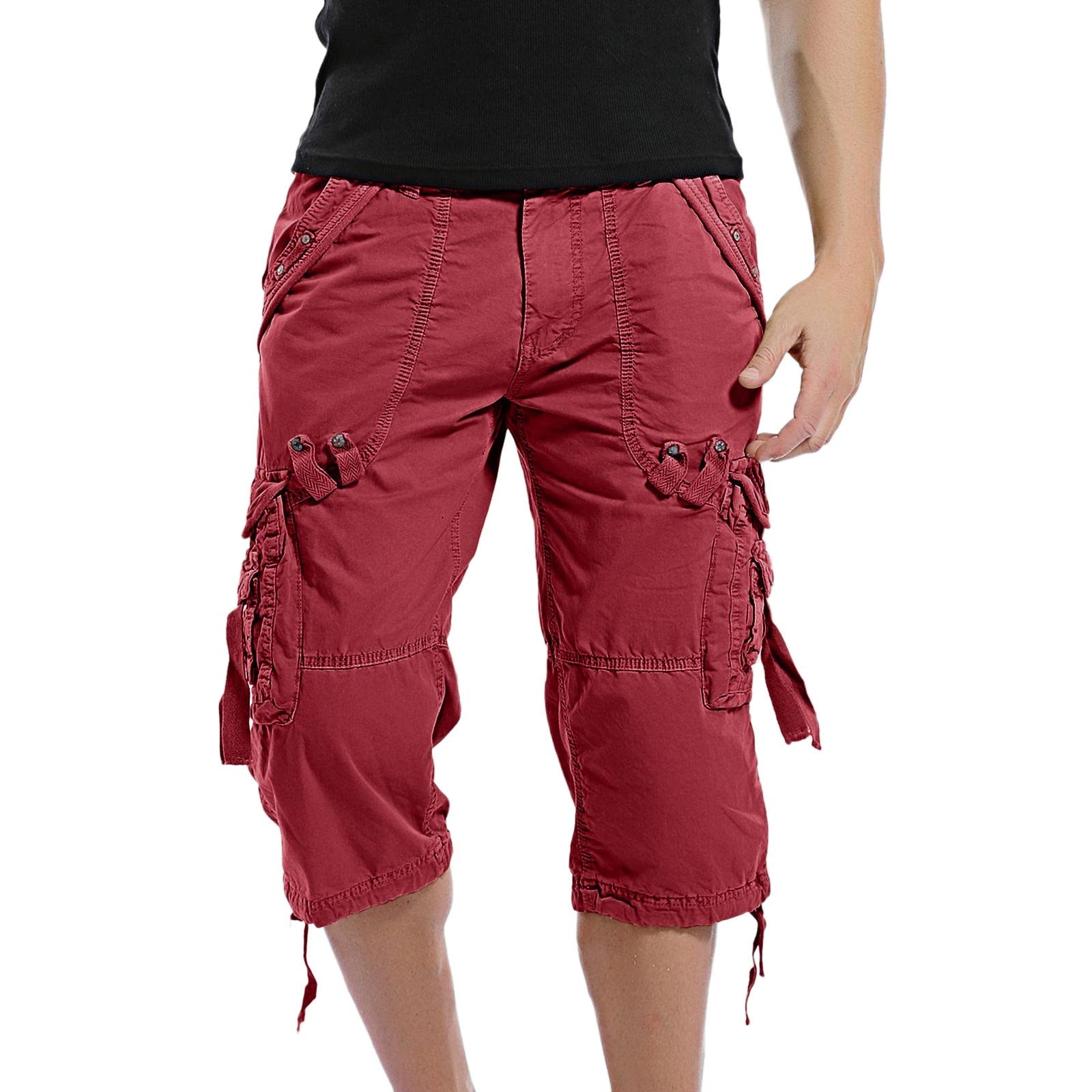 Mens Cargo Shorts Capri Twill Below Knee Relaxed Fit Outdoor Hiking Pants Straight Leg Long Shorts with Multi Pockets Red 32