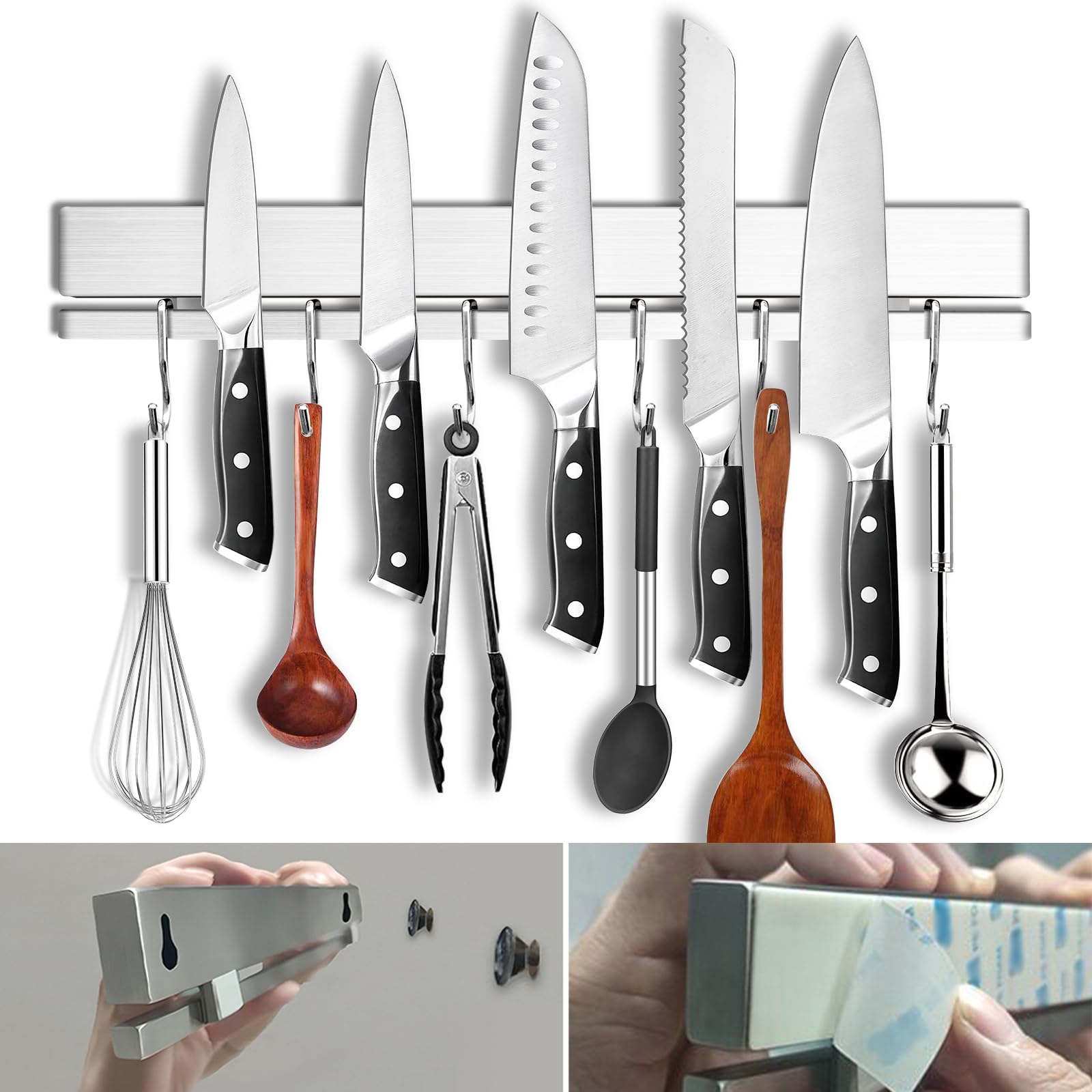 YIIYIIN Strong Magnetic Knife Holder for Wall, 17 Inch No-Drill Knife Strip with 12 Hooks & Adhesive, Holds Kitchen Utensils & Tools