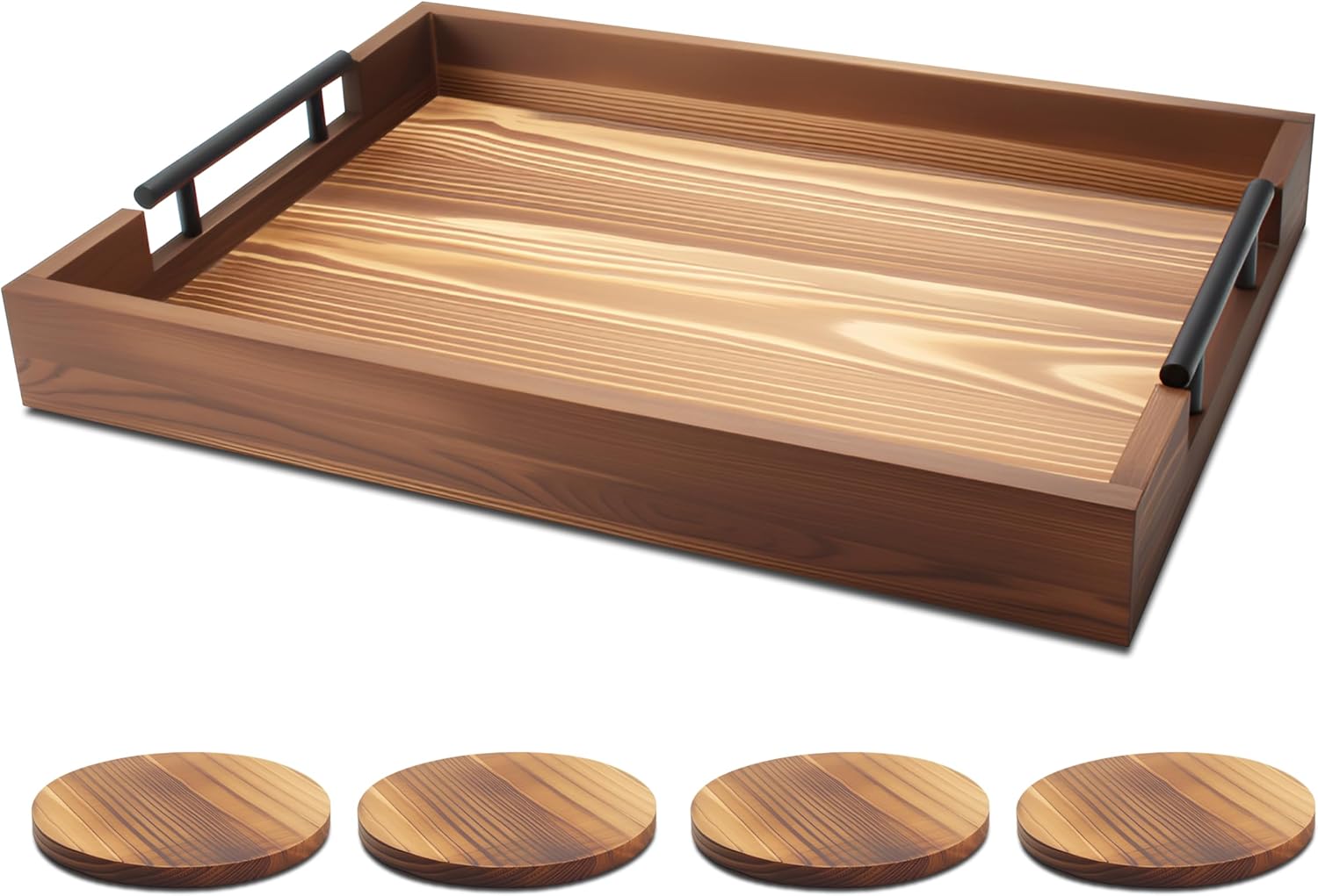 Wood Serving Tray with Handle, 16"x12" Wood Tray for Ottoman Coffee Table, Living Room, Dining, Drink, Food, Home Decor and Organization