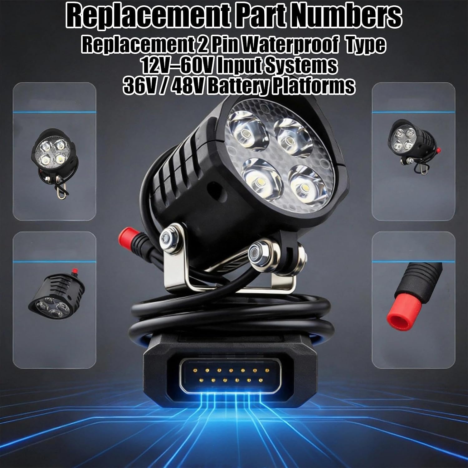 Ebike Headlight 48V 36V, 2 Pin Waterproof Connector Electric Bike Front Light, 12V-60V Ebike Headlight for Electric Bicycle Scooter MTB