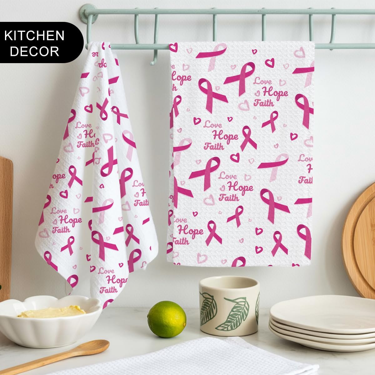 Breast Cancer Awareness Kitchen Towels, Pink Ribbon All‑Over Print Absorbent Dish Hand Towels, Inspirational Survivor Warrior Gift, Decorative Towel for Bathroom Home image 4