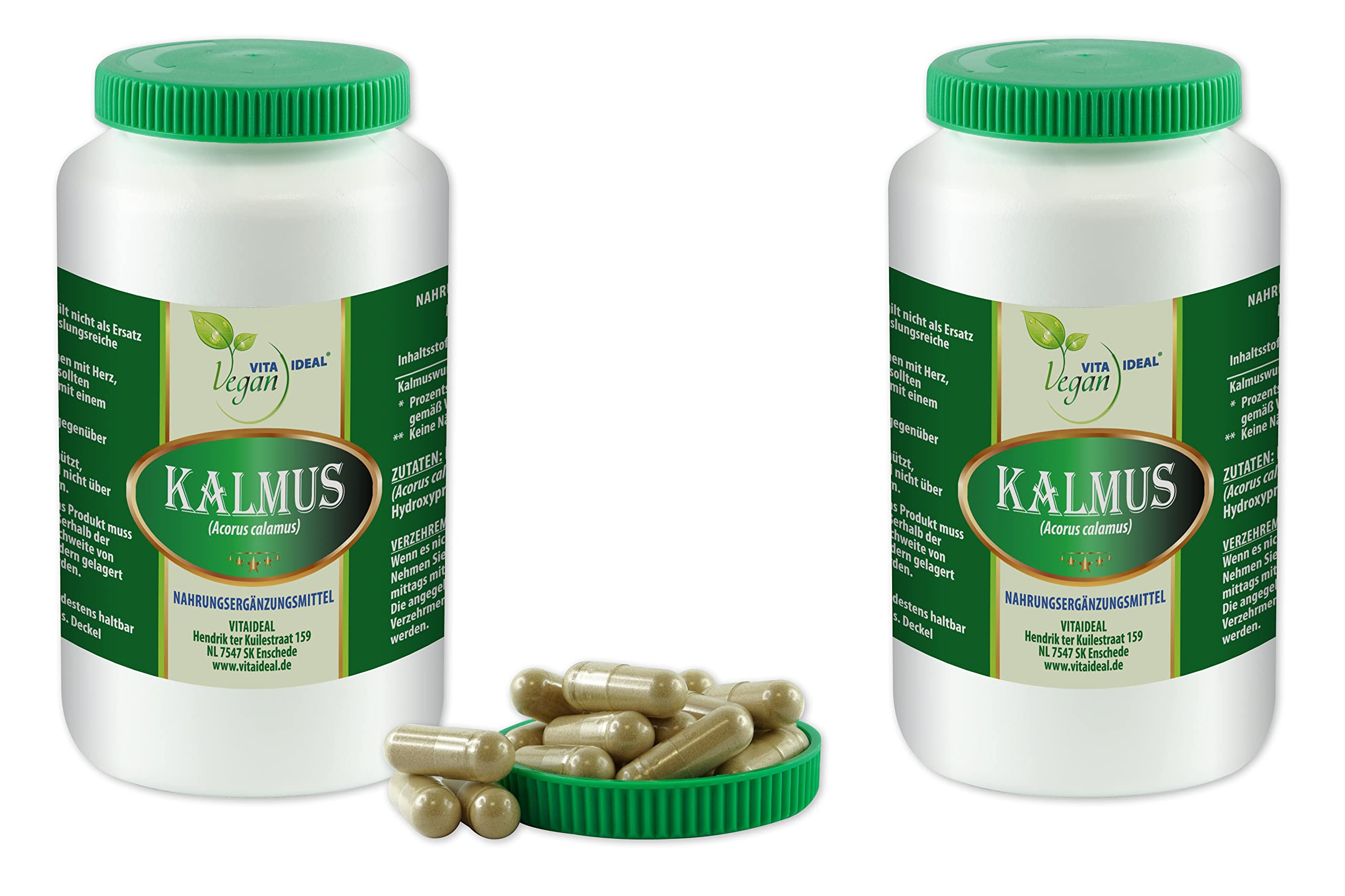VITA IDEAL Vegan® Kalmus Wurzel 2x 360 Kapseln - Acorus calamus - Tgesportion 800mg Kalmuswurzel Pulver natur, gemahlen. Pflanzlich, natürlich und ohne Zusatzstoffe, original von VITAIDEAL.