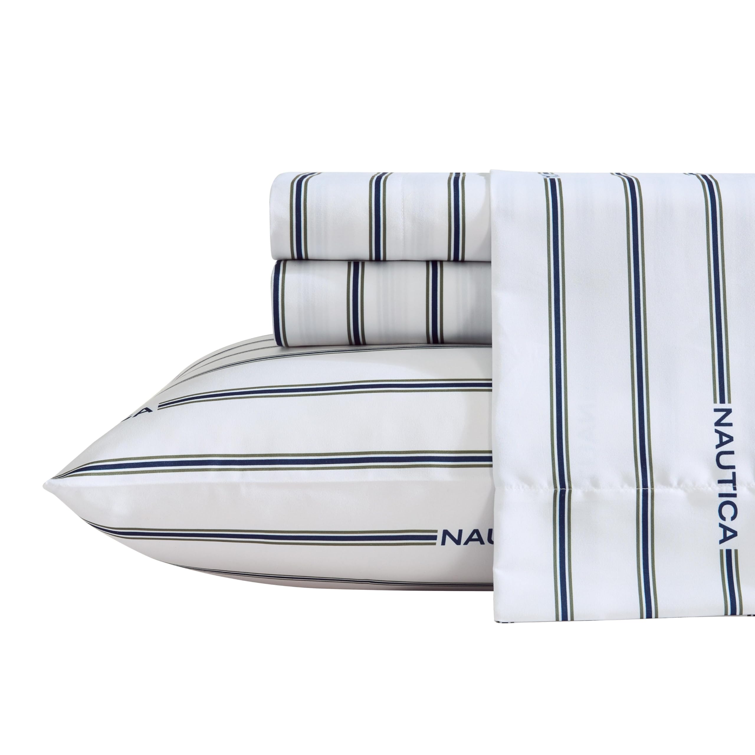 Nautica - Queen Size Sheet Set, Microfiber Bedding with Deep Pocket Fitted Sheet, Bed Sheets with Matching Pillowcases, Inline Green