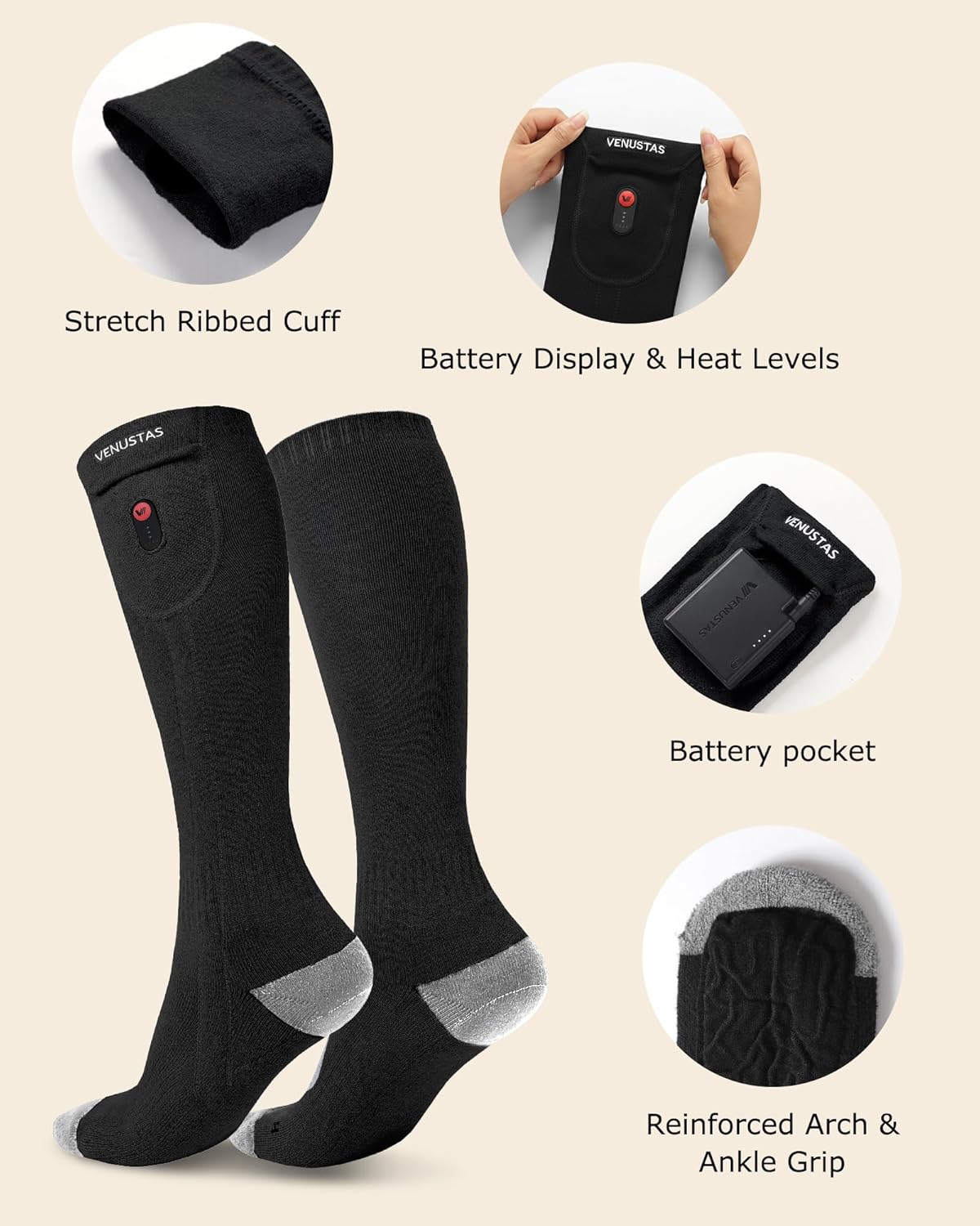 Venustas Heated Socks for Women Men, Up to 14 Hours, Rechargeable Electric Socks with Batteries for Outdoor Ski Hunting - Image 4