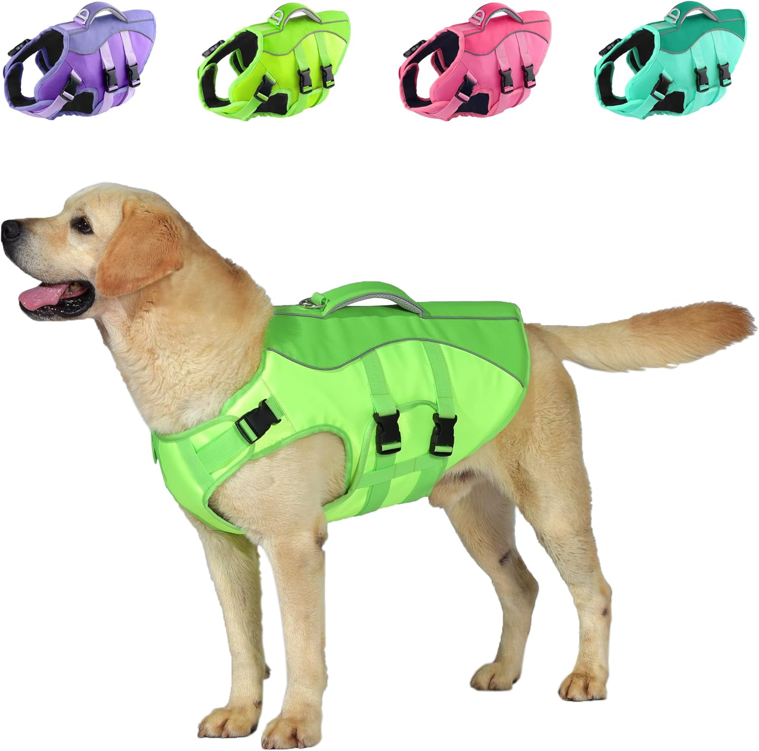 Dog Life Jacket, Reflective Dog Harness Life Vest with Rescue Handle for Swimming Boating, Adjustable High Buoyancy Flotation Swim Vest for Small Meium Large Dogs – Green, S