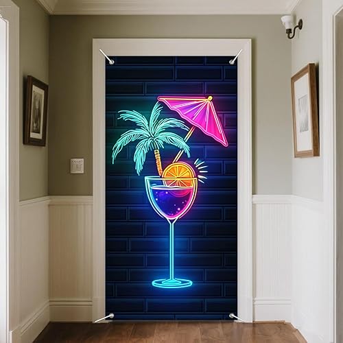 Miniatura 4 de IVN Cubierta para puerta de cóctel de neón, póster de luz LED, diseño de palmera y paraguas con rodaja naranja, vibrante brillo de neón de 12 x 18