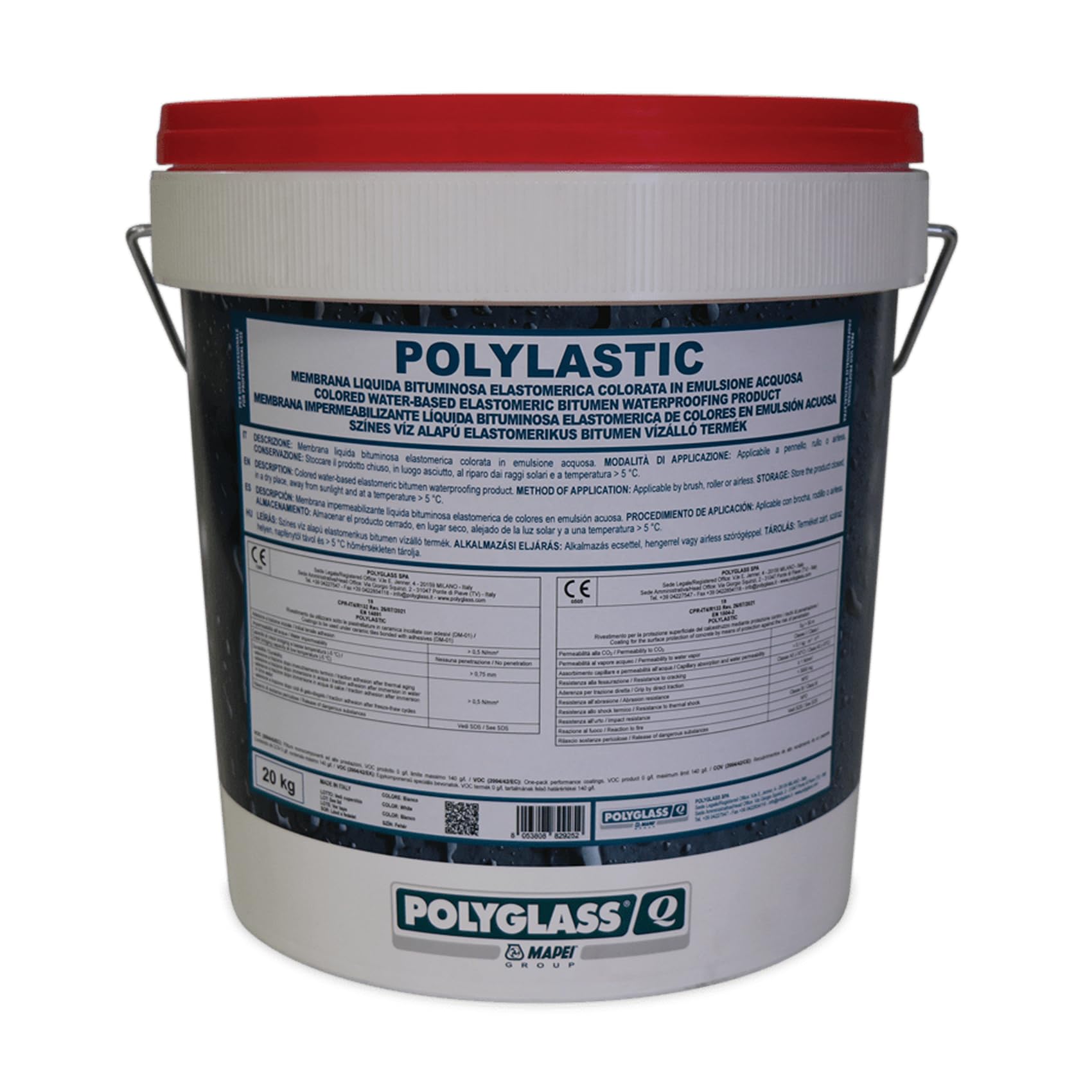 POLYLASTIC 20KG POLYGLASS, guaina elastomerica bituminosa ad acqua impermeabilizzante per calcestruzzo, legno, acciaio, lamiera zincata, piastrelle, membrane bituminose (Nero)