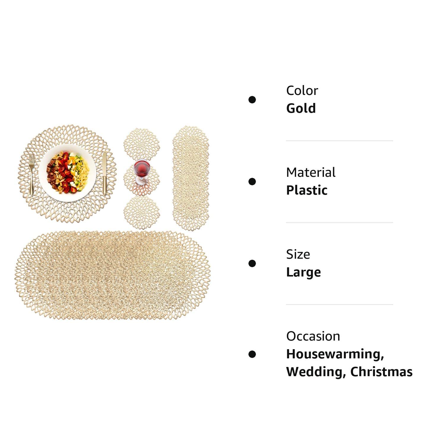 Vesici Round Pressed Vinyl Placemats Metallic Coasters Set Including and Hollow Table Mats for Wedding Dinner Party Supplies (Gold, 80 Pcs)