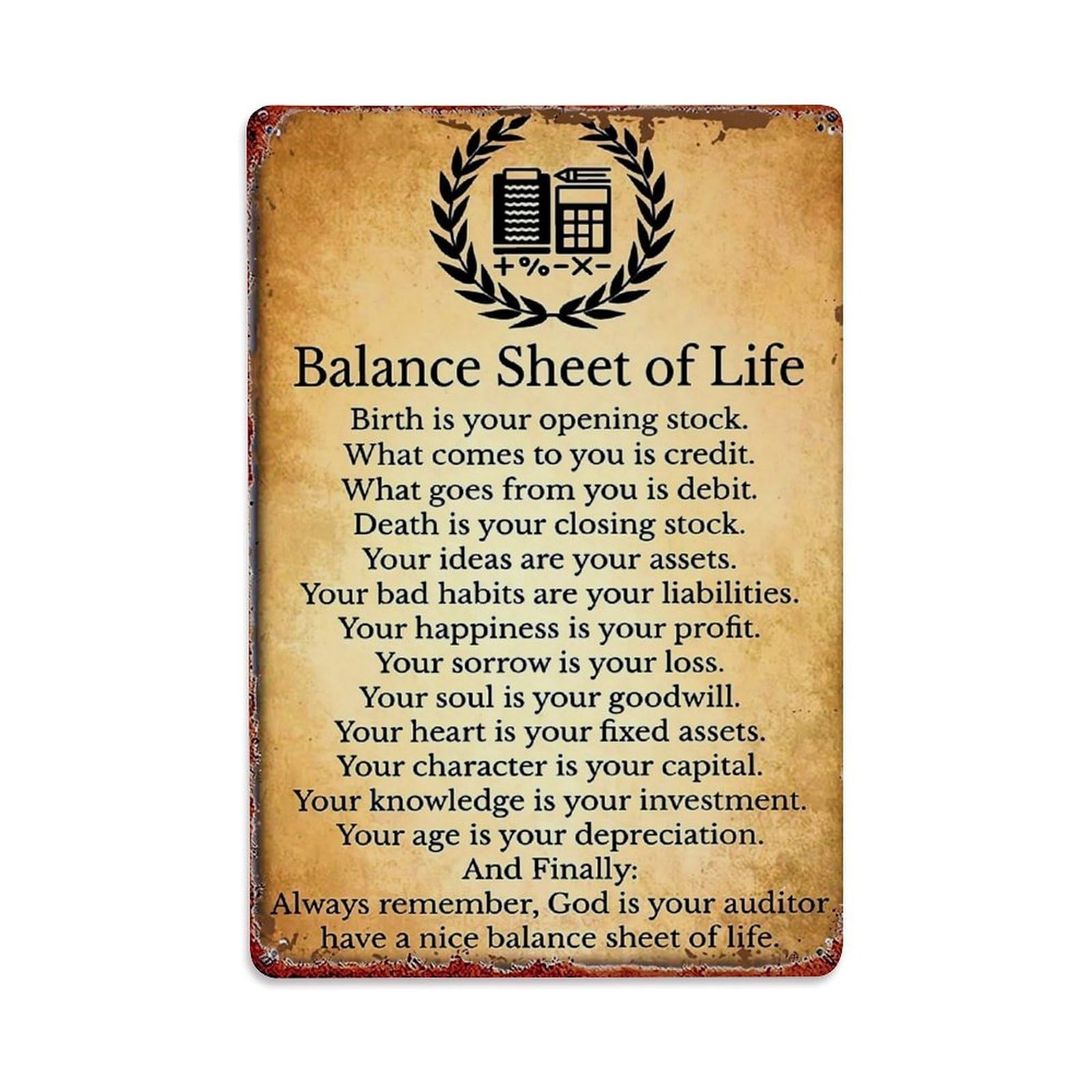 Nestemfo Vintage Balance Sheet Of Life Poem Tin Sign Metal Sign, Living Room,Bar, Home, Bedroom Wall Decor,Retro Metal Poster 8X12 Inches