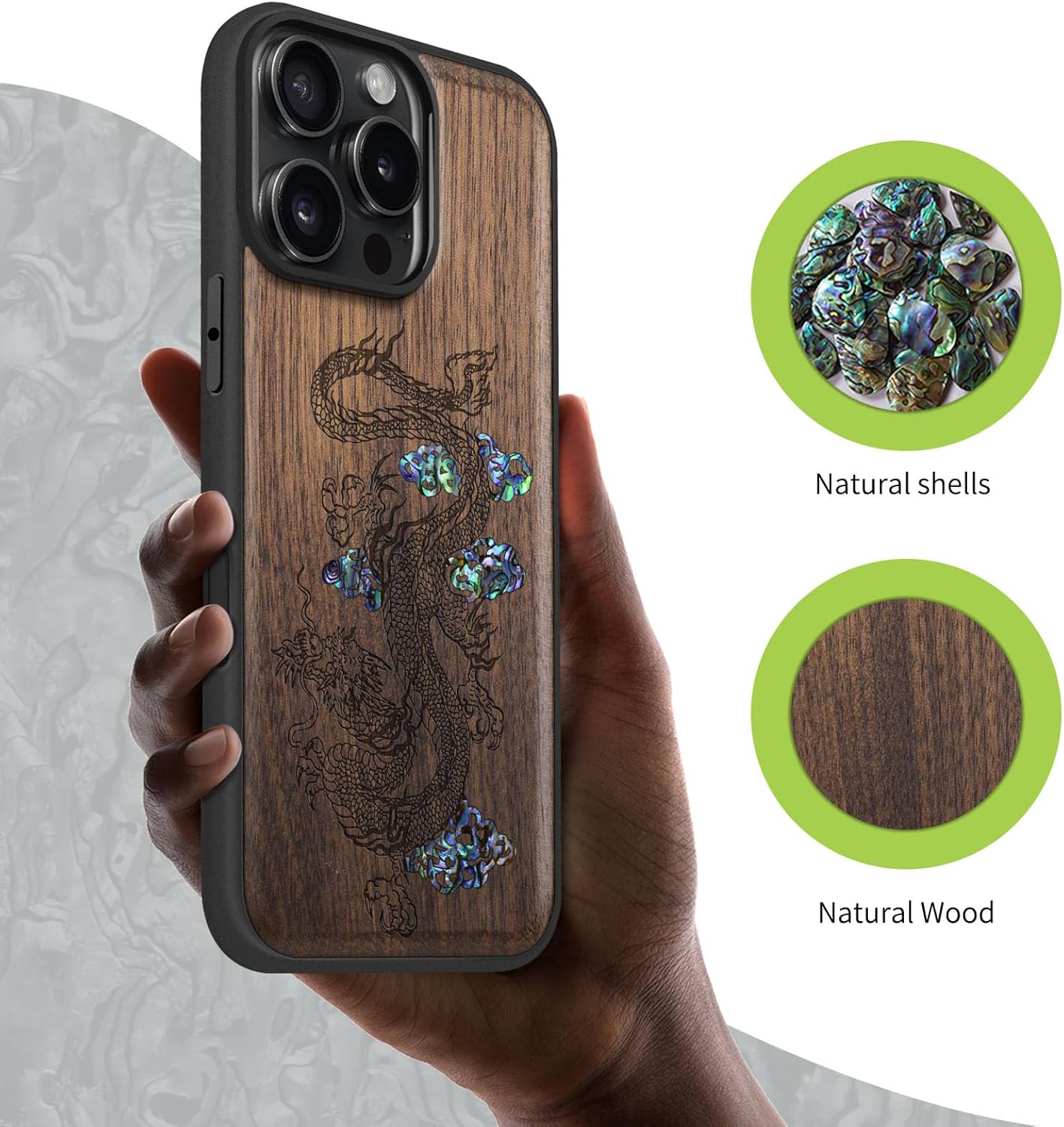 Carveit Magnetic Case for iPhone 16 Pro Max Case, Wood Artisan Engraved & Handmade Shell Inlaid, TPU Shockproof Cover, Compatible with MagSafe Wireless Chargers (Majestic Chinese Dragon) Walnut