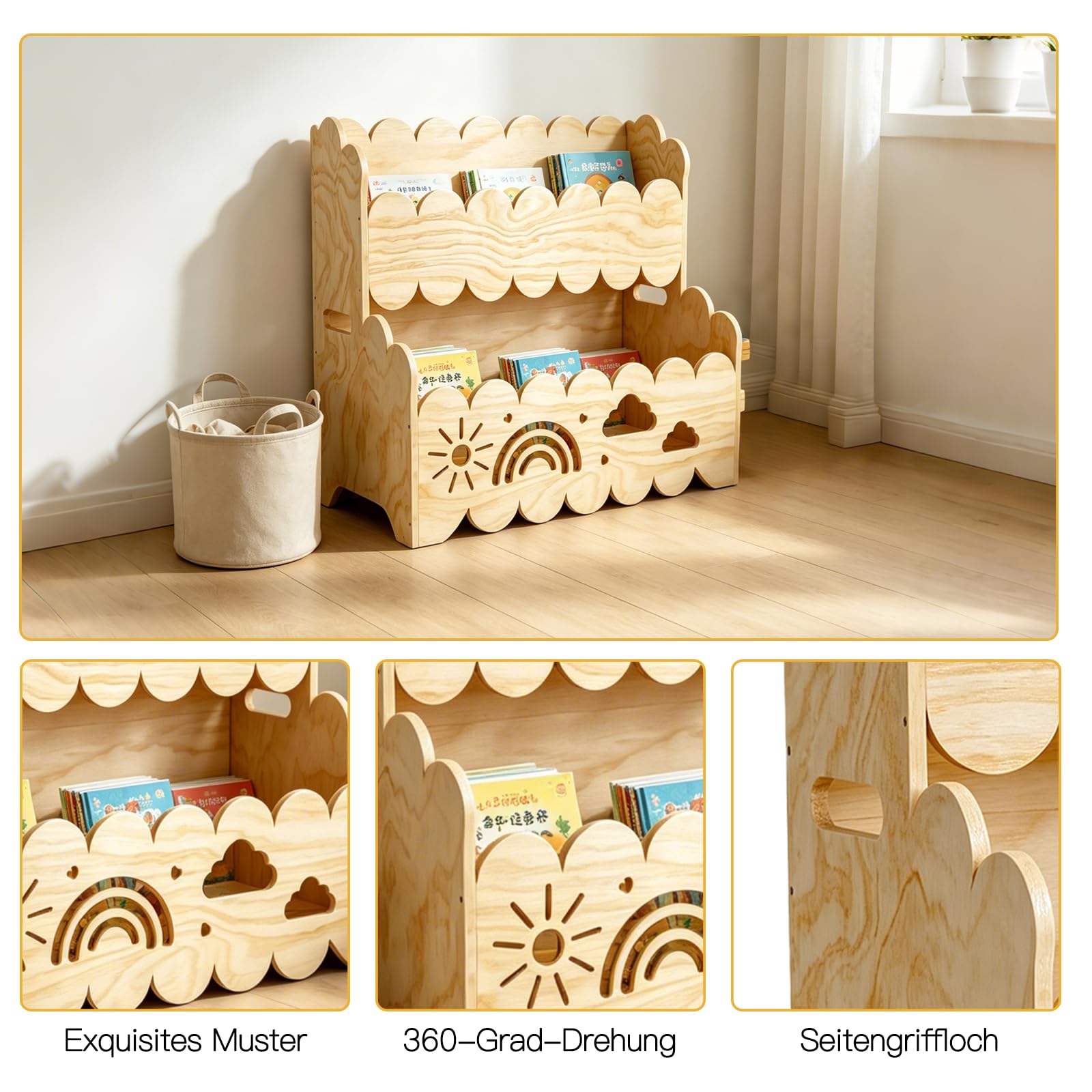 Montessori Libreria per bambini in legno, a 2 livelli, per bambini, organizer per giocattoli, cameretta dei bambini, libreria per bambini