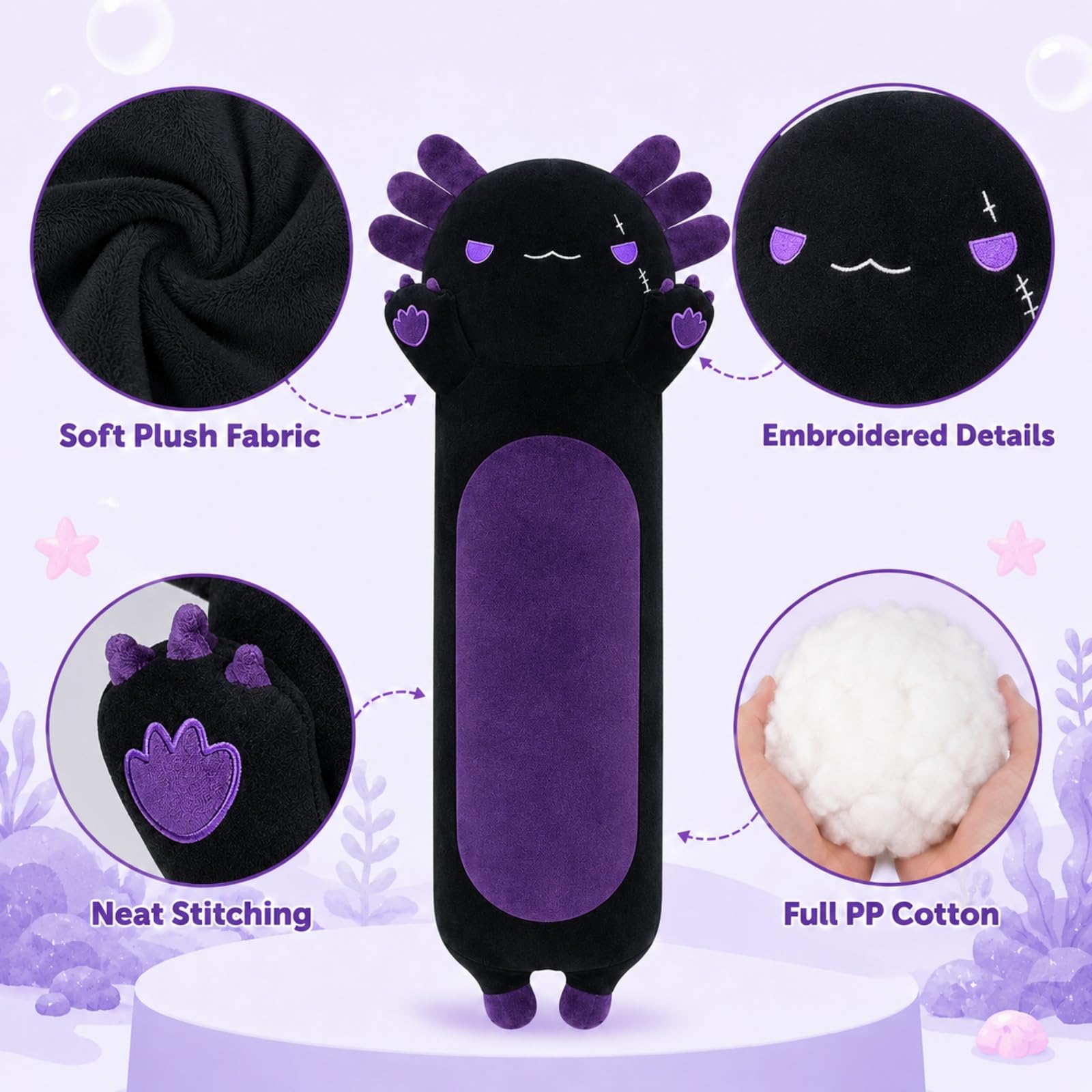 SNOWOLF imbottito Axolotl lungo cuscino peluche giocattolo animale morbido Kawaii Stuff coccoloso giocattolo adorabile cuscino abbraccio per i bambini (110cm, viola)