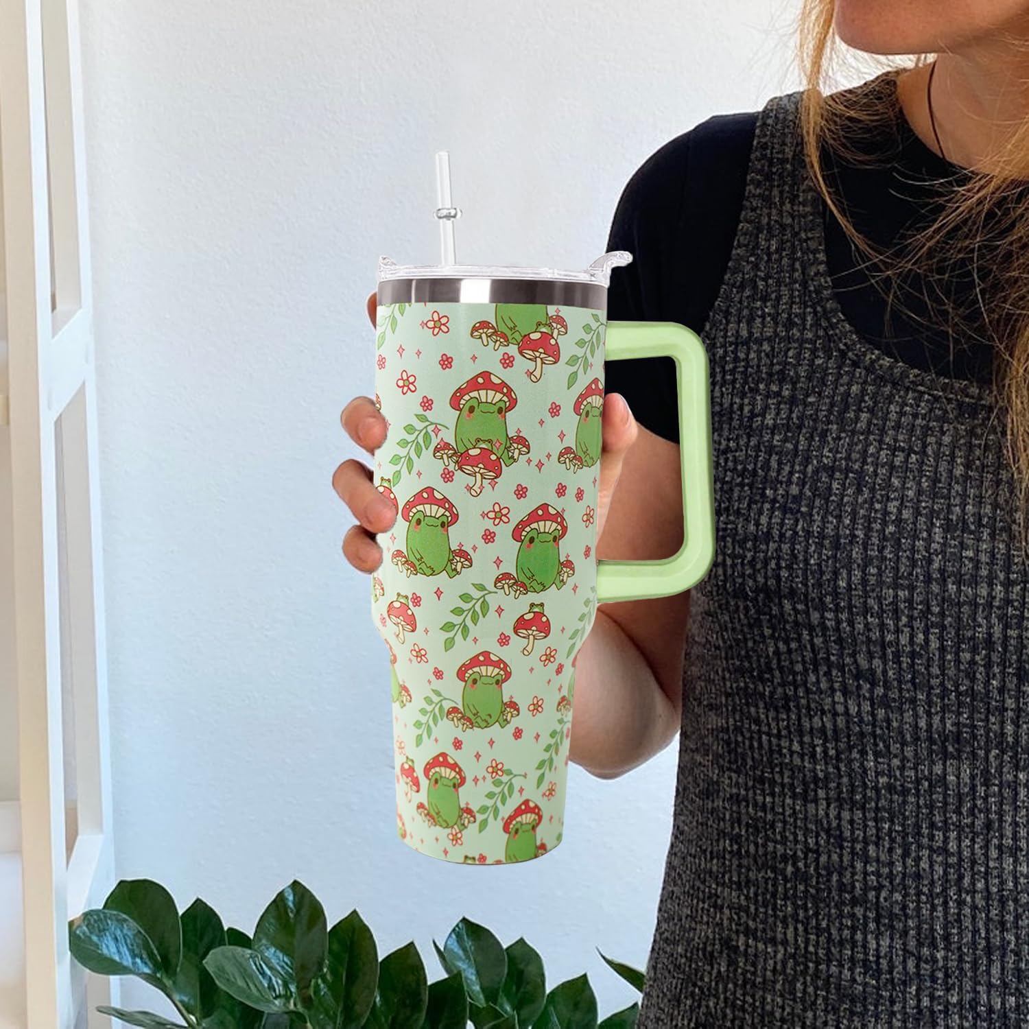 Ceovfoi 40 Oz Frog Tumbler With Handle, Green Coffee Travel Mug Cup and Water Bottle, Decor and Gifts for Women - Image 5