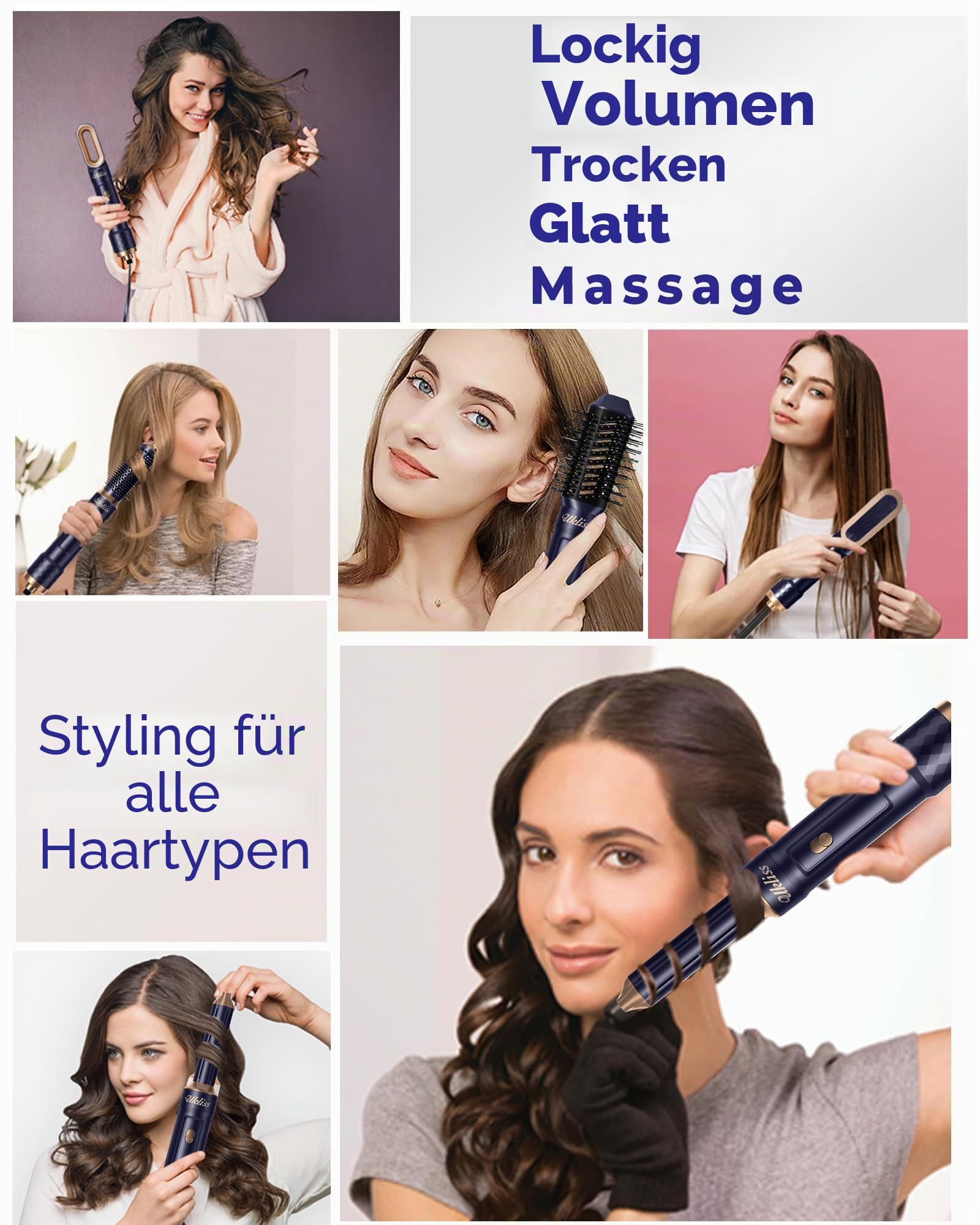 UKLISS 6 in 1 Hairstyler, Haarstyler & Haartrockner Set mit Warmluft Lockenbürste Automatisch, Hair Dryer, Rundbürstenföhn, Warmluftbürste, Haarföhn, Geschenke für Frauen Haarstyling - Pro Blau