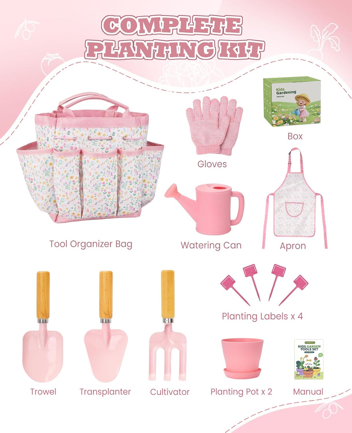 Kids Gardening Set, Gardening Tools Kit for Kids and Toddler, Includes Wooden Rake, Two Shovels, Gloves, Watering Can, Apron, and Tote Bag, Outdoor Toys for Girl Boy, Pink