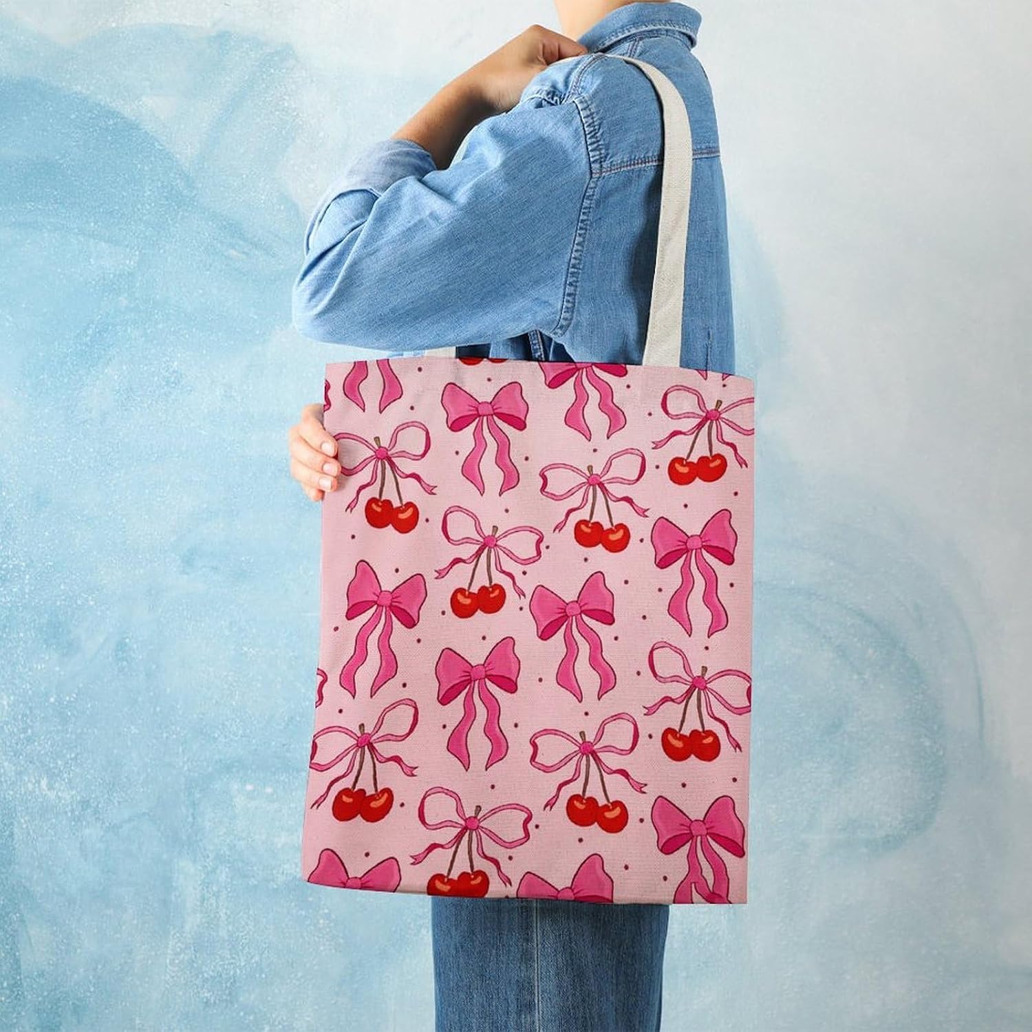 Pink Bow Cherry Canvas Tote Bag Reusable Grocery Bags Foldable Soft Cotton Shoulder Carry Bag