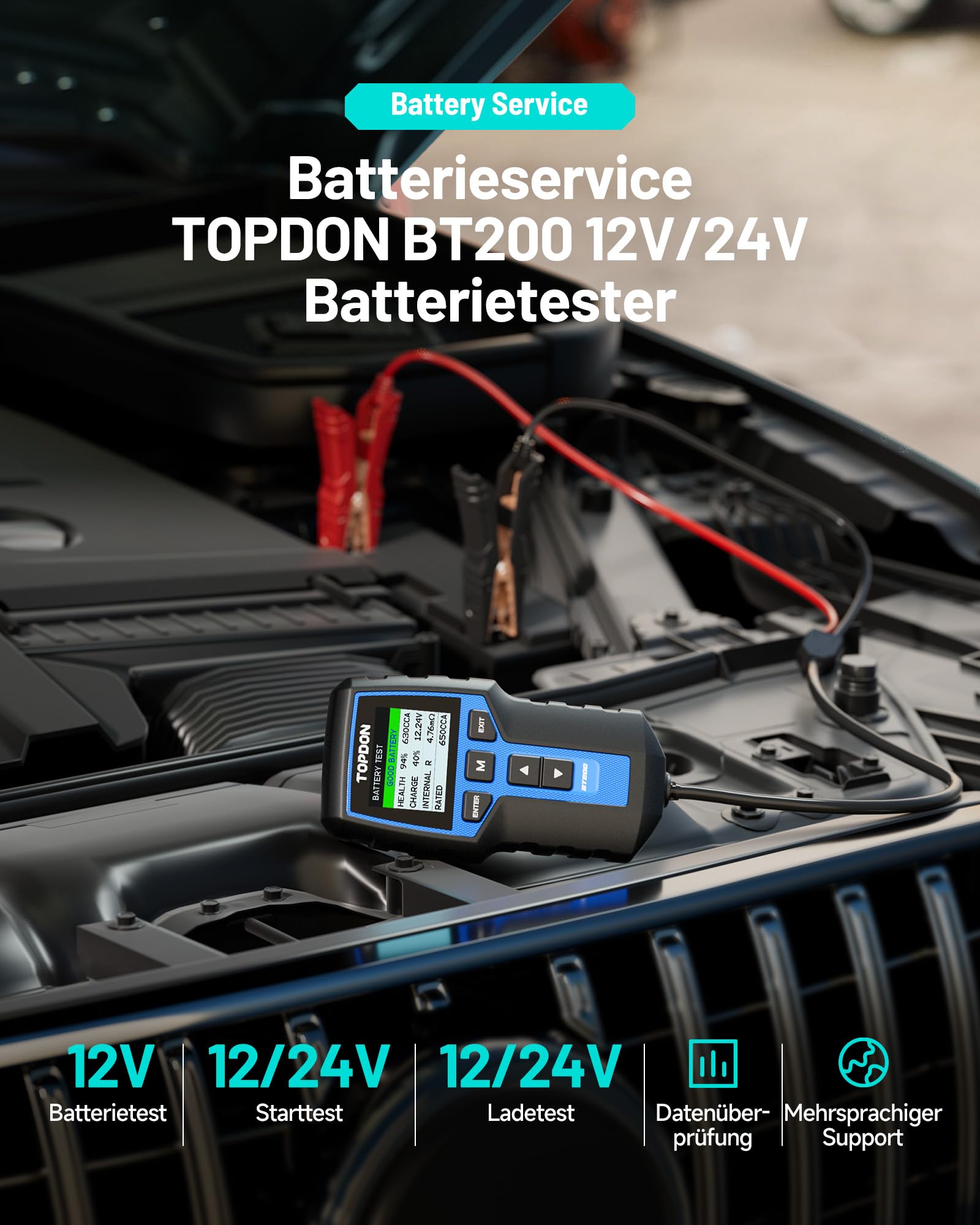 TOPDON Autobatterie Tester BT200, 12V 24V batterietester kfz 100-2000 CCA, batterie tester auto Lade-Anlasser-System Autoatterie analysator für LKW Schiff SUV Boot