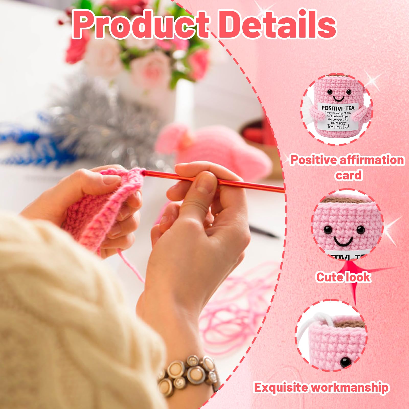 Gubilacrum Positive Crochet Animals, Handcrafted Emotional Support Crochet, Pink Cup Gift with Card - Image 3
