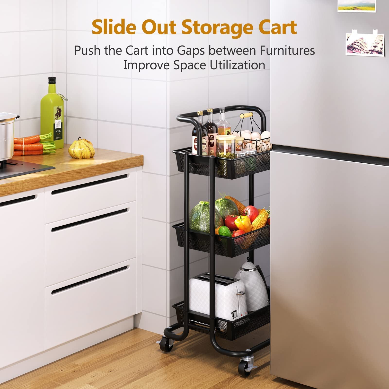 Greensen 3 Tier Rolling Cart, AllMetal Kitchen Storage Organizer Cart
