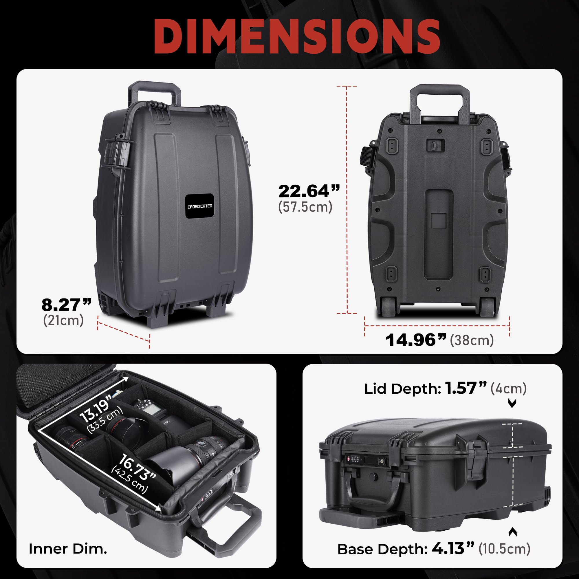 Rolling Camera Equipment - Custodia rigida con schiuma personalizzata, impermeabile e antiurto, per drone, manico telescopico, approvato per aereo, 36,1 x 21,1 x 50 cm, nero