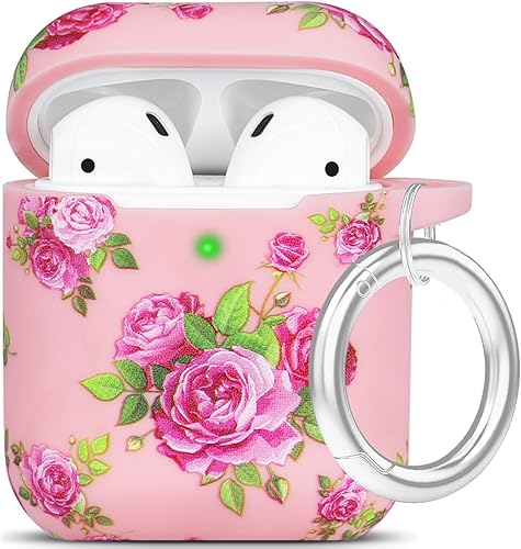 LitoDream - Funda de silicona suave y flexible con llavero para cargador de Apple AirPods 2 y 1, para niñas (flores rosas y rojas)
