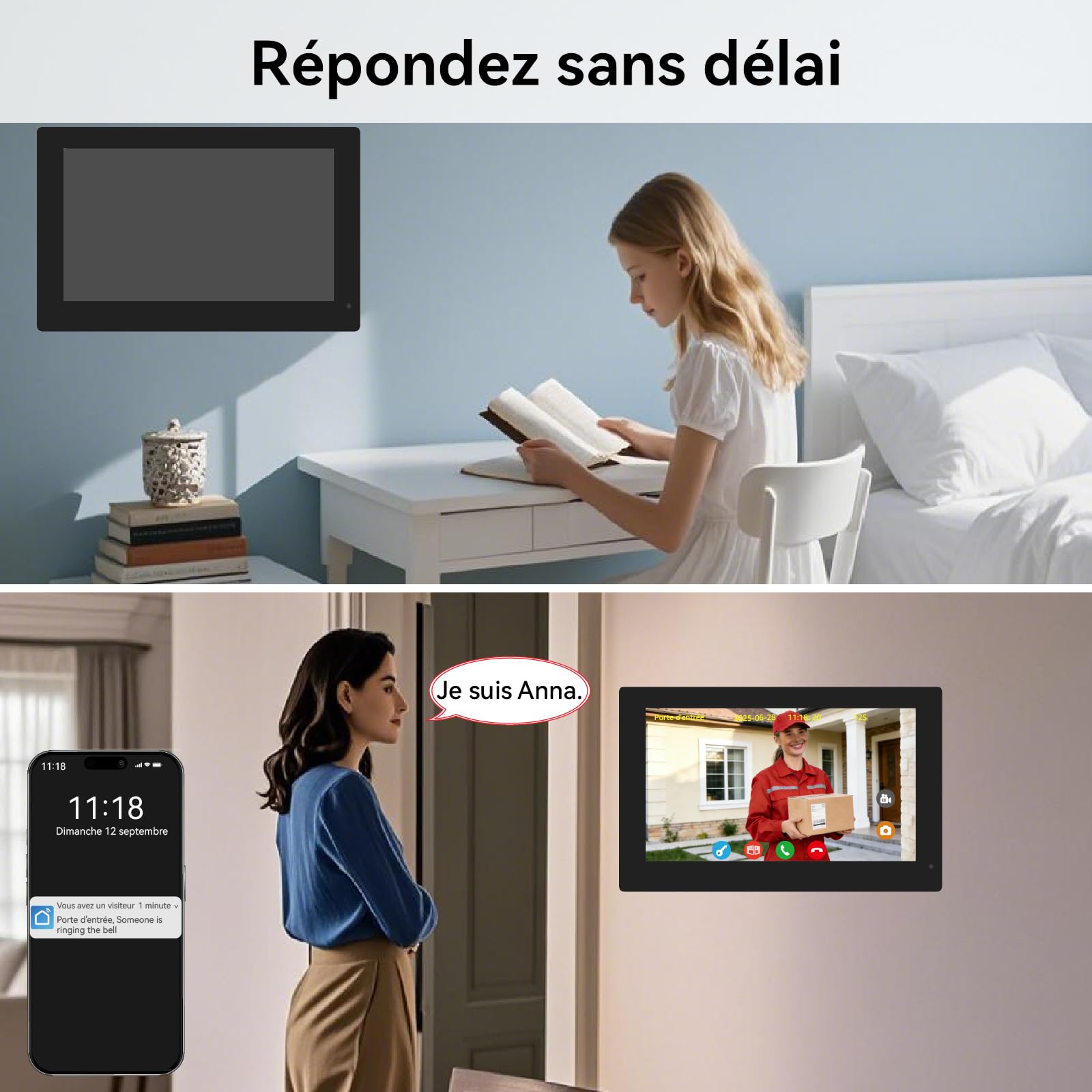Visiophone Connecté à 2 Fils, Interphone Vidéo Filaire avec 2 Moniteurs 7 Pouces, Unlock à Distance, Audio Bidirectionnel, RFID, Vision Nocturne, WiFi Dual-Band, 2 Family kit