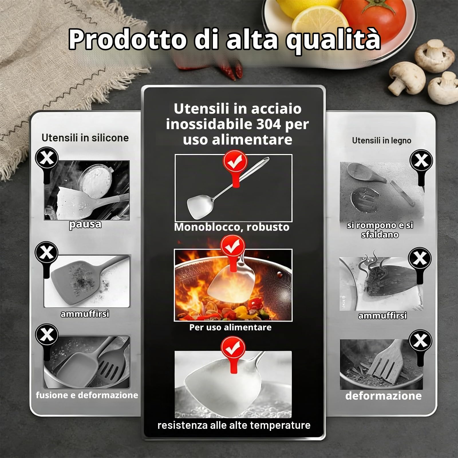 Set da 6 Utensili da Cucina in Acciaio Inossidabile | Resistenti Al Calore, Include Mestolo, Palette, Schiumarola E Cucchiaio Per Pasta, Lavabili In Lavastoviglie