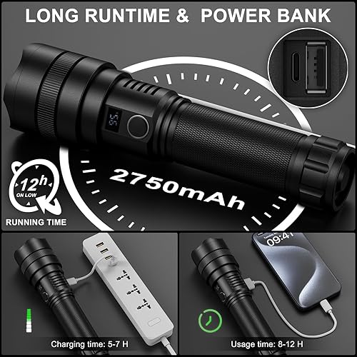 Miniatura 4 de GISAEV Linternas LED recargables de alto lúmenes 900.000 lúmenes súper brillantes y potentes luces de flash con pantalla digital, 5 modos, linterna