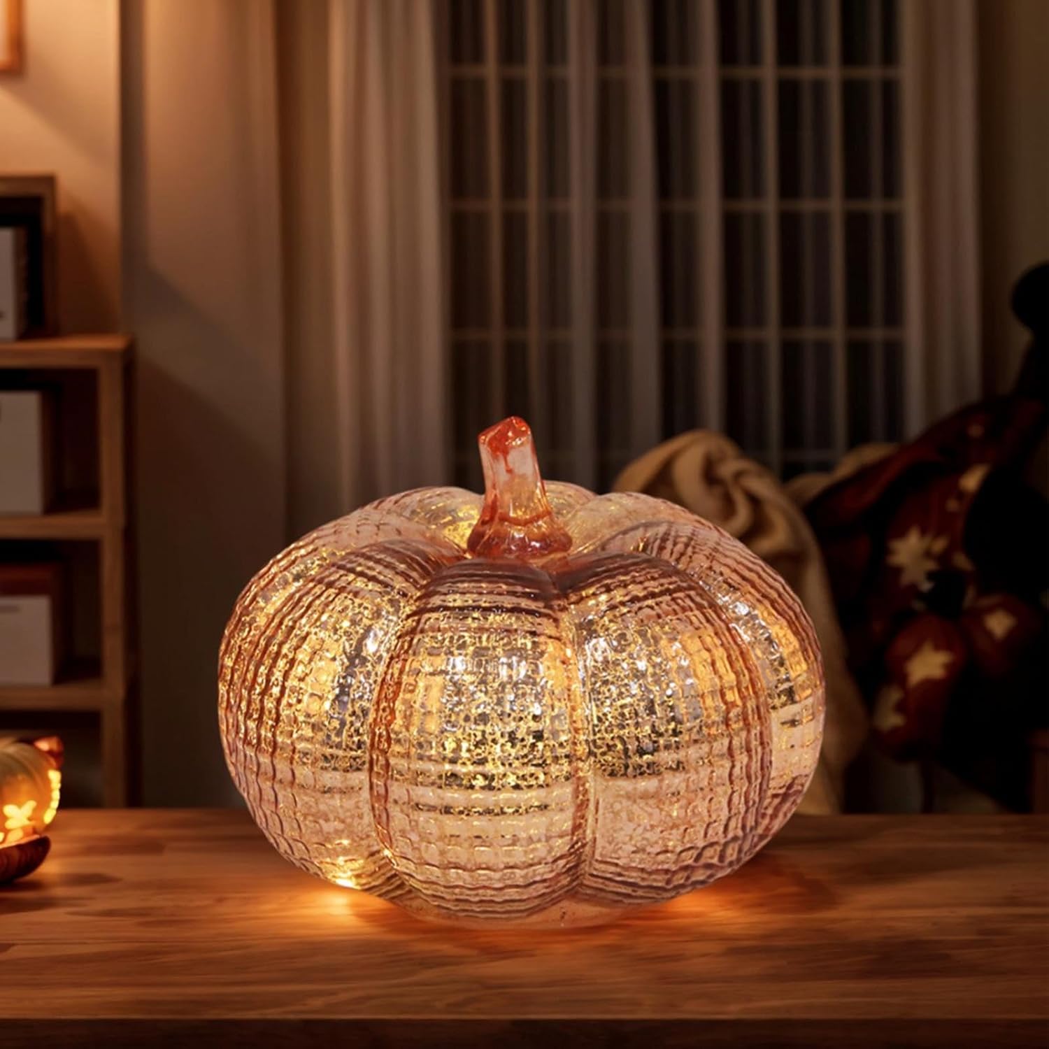 Pumpkin Lights - Indoor Lamp | Lamp with Timer | LED Battery Operated Lantern | Glass Pumpkins Ornament for Home Kitchen Holiday Fall Thanksgiving Halloween Table Centerpieces Rustic Party