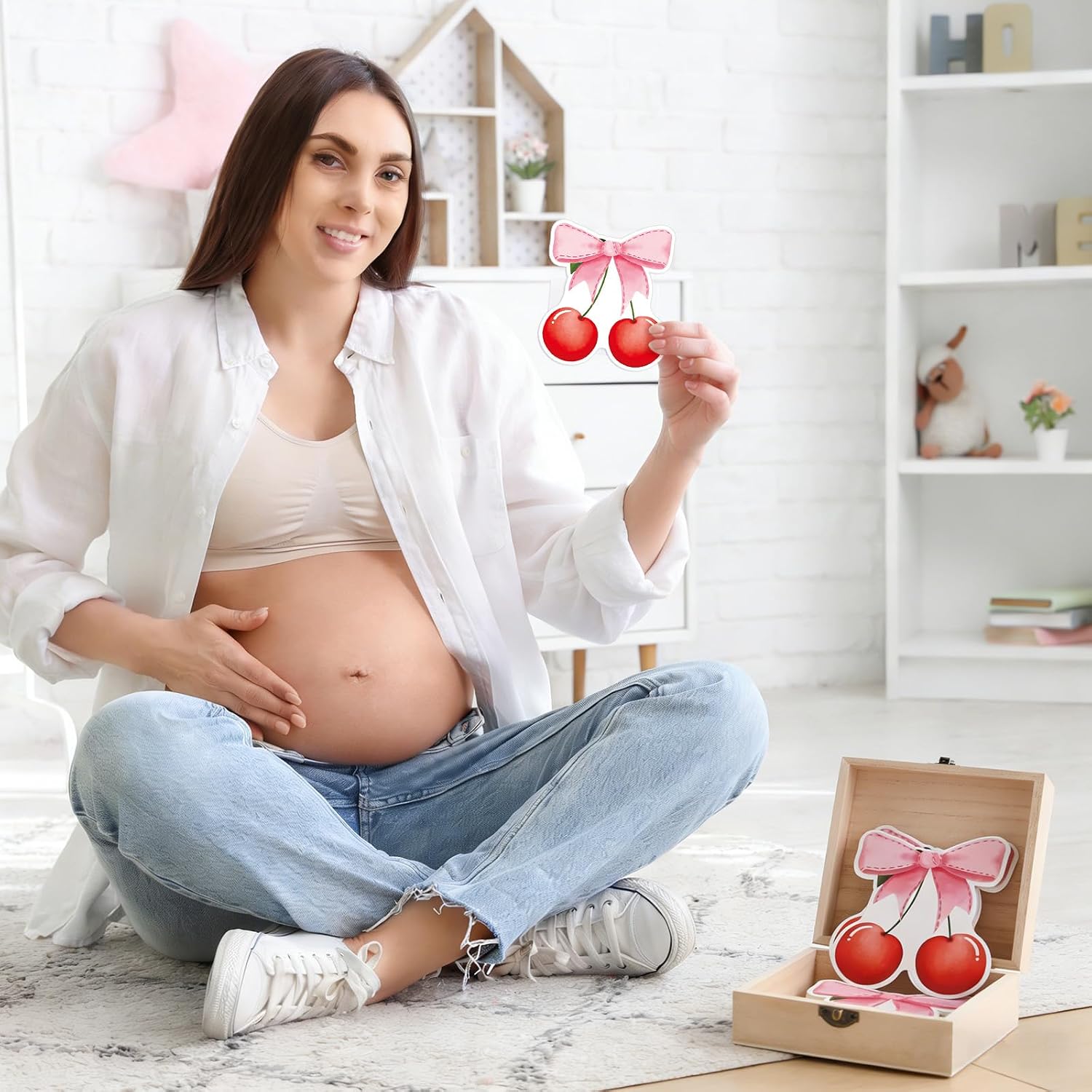 50 Pcs Double Side Cherry Baby Prediction and Advice Game Cards Cherry Baby Shower Decoration with Wooden Keepsake Box for New Parents Gender Reveal Games Activities Party Supplies（Cherry）