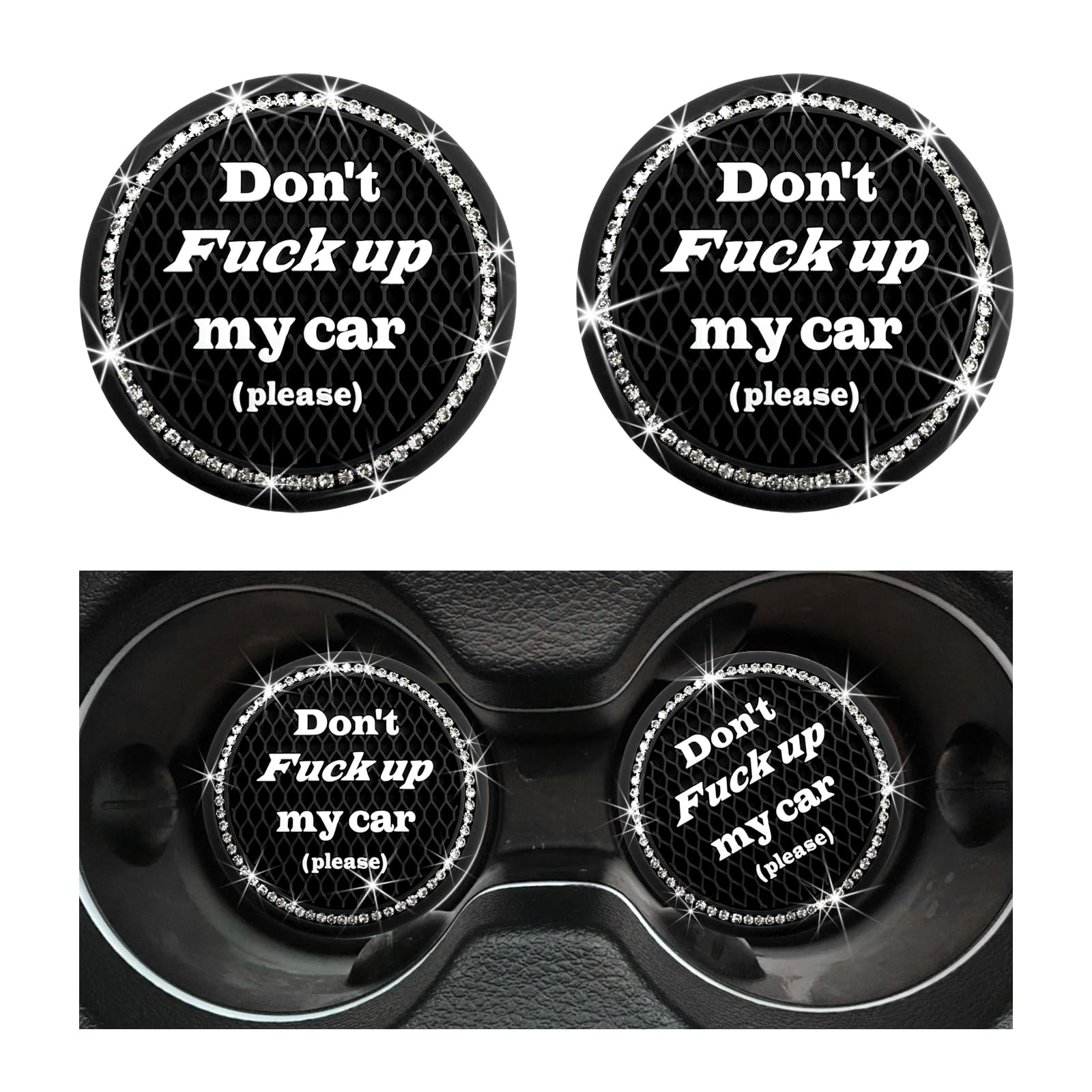 Augeny 2 PCS Bling Car Cup Coaster, 2.75 Inch Anti-Slip Crystal Rhinestone Car Cup Holder Insert Coaster, Universal Auto Drink Cup Mat, Vehicle Interior Accessories for Women Girl (Black)