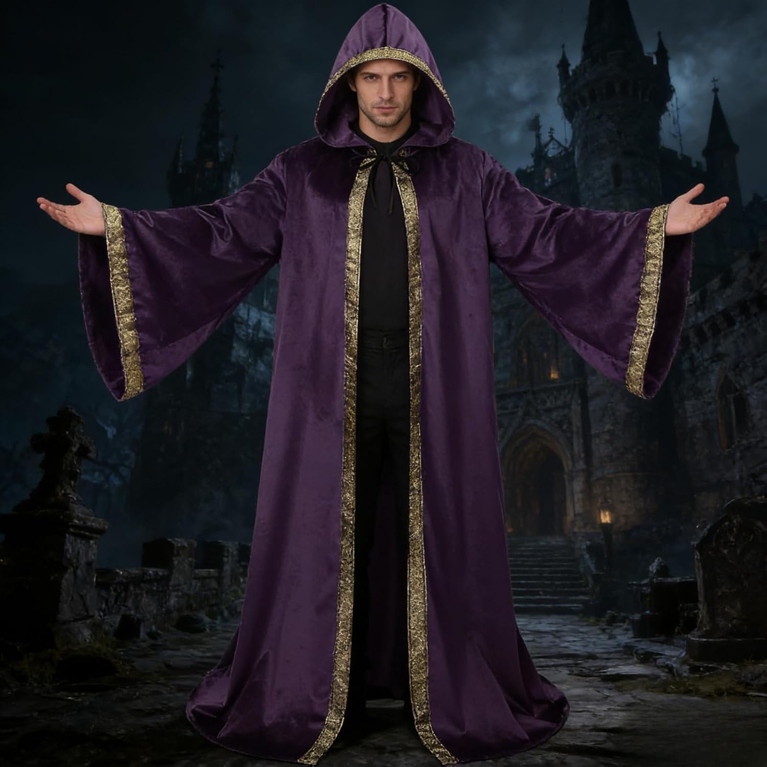 Unisex Wizard Cloak Robes With Hood Sleeves Dutch Velvet Cosplay Costume