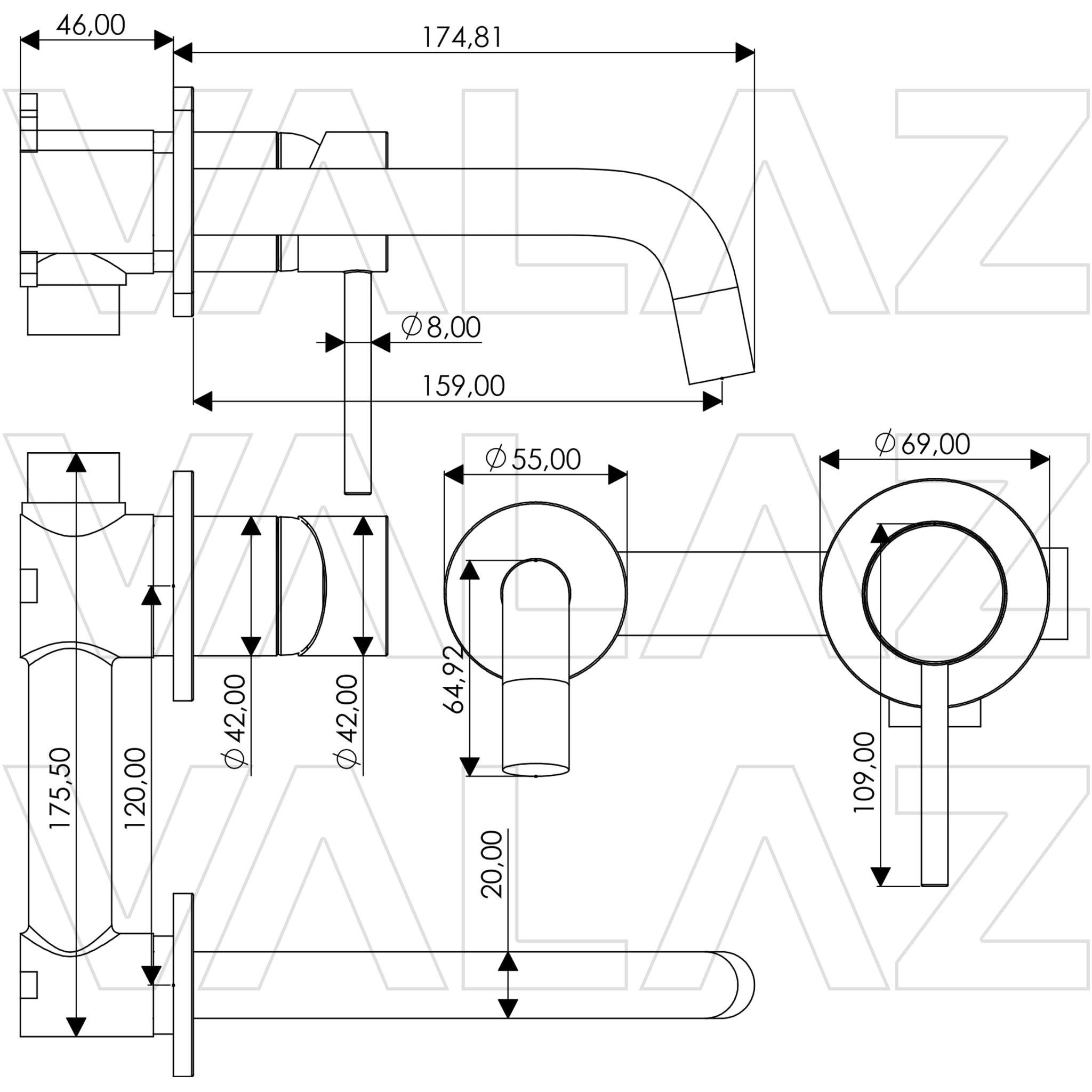 VALAZ Rubinetto Bagno Lavabo a Muro Acciaio Spazzolato Protezione PVD | Miscelatore Lavabo Bagno Acqua Fredda e Calda | Installazione Facile | Ottone, Inossidabile, Becco 15cm, Serie Deva
