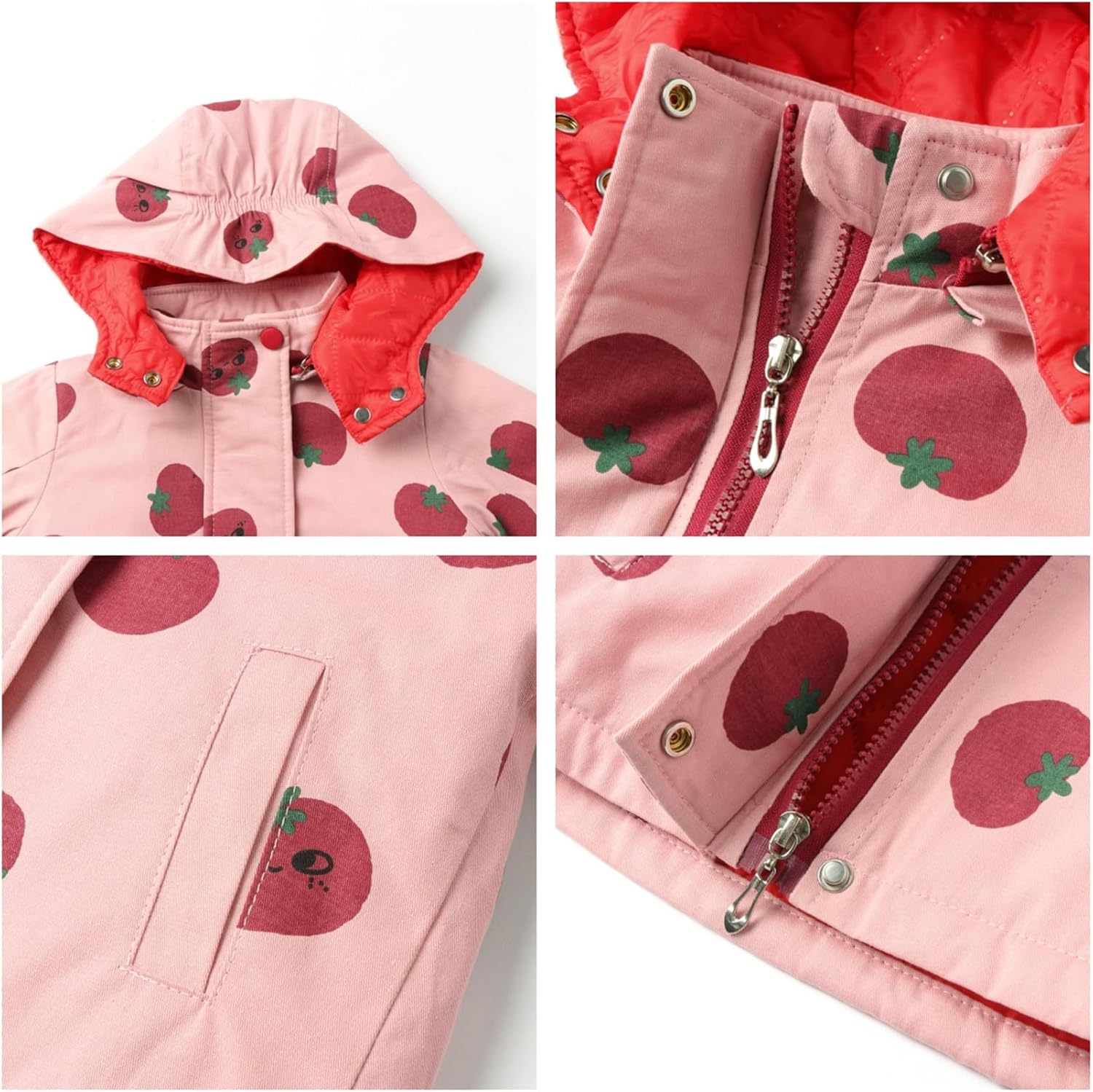 Mud Kingdom Girls Padded Jacket with Hood Tomato Print Pocket Warm Outerwear Zip Up Winter - Image 5
