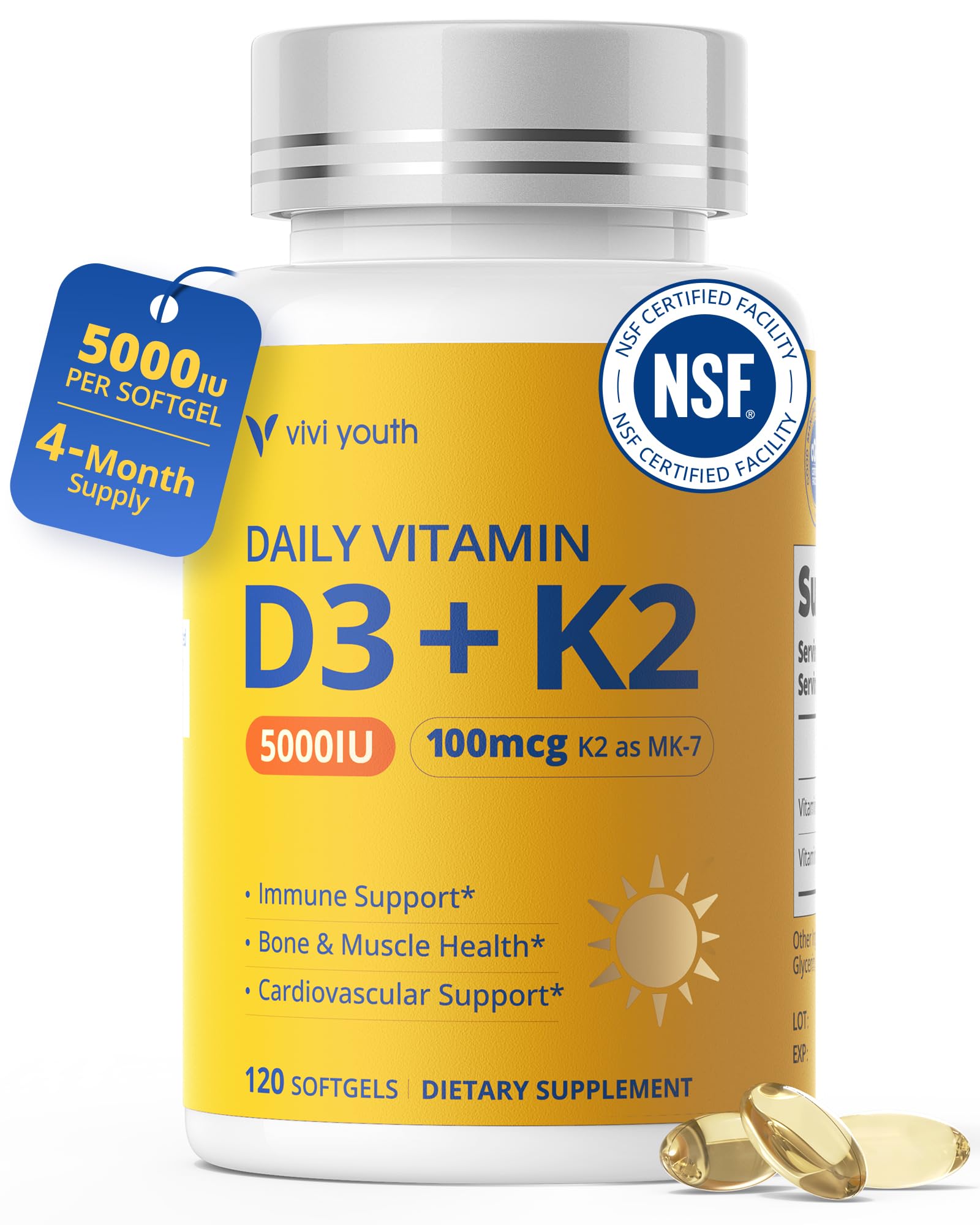 Vitamin D3 K2 5000 IU with MK-7, 3rd Party Tested, 120 Servings