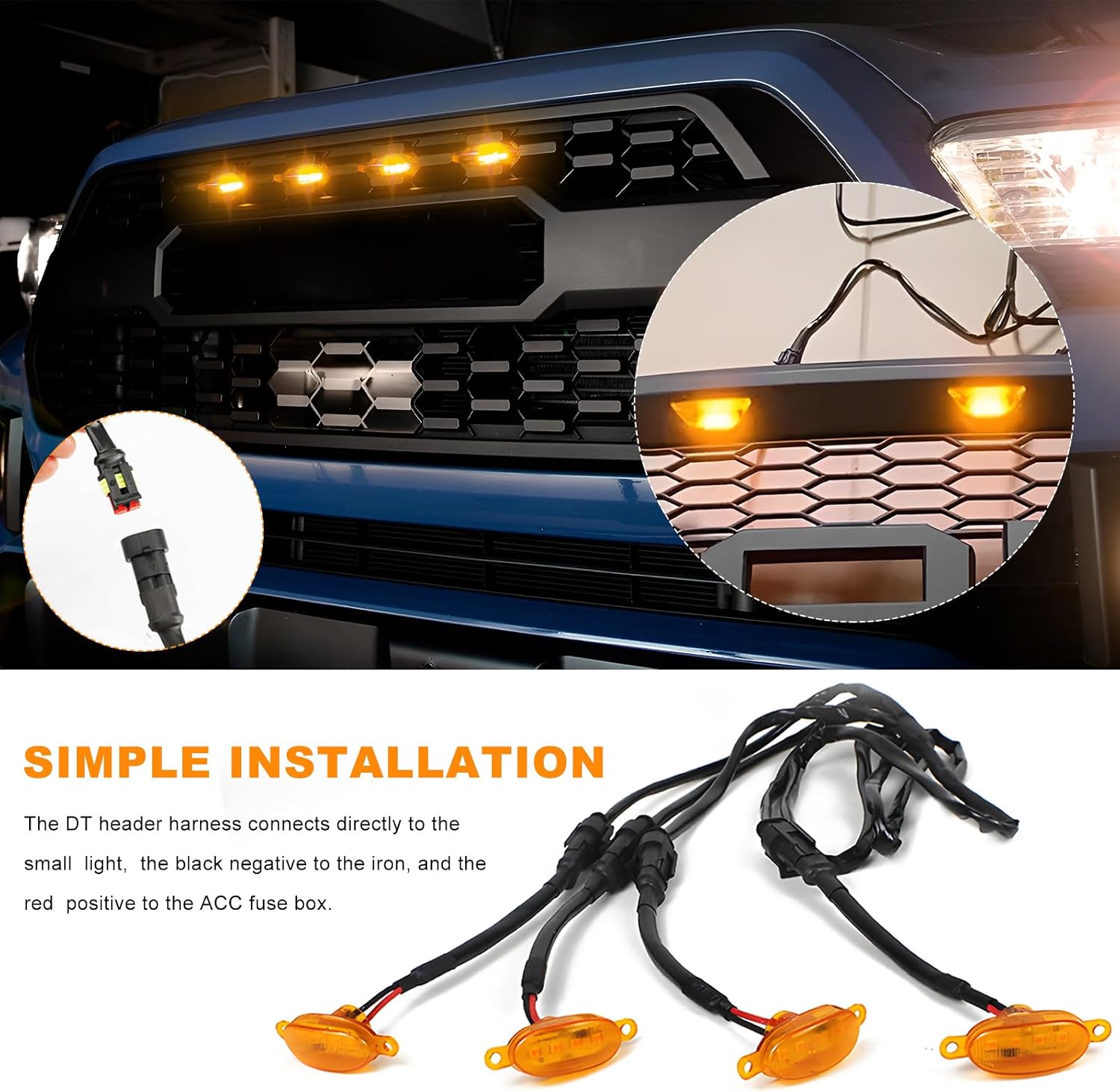 4PCS Car Front Grille Light, Bright Amber Lens LED Grill Trim Lamp with Wiring Harness, Waterproof Front Grill Light Compatible with F350 F250 F150 Raptor Ram-1500 (Yellow & Yellow) image 5