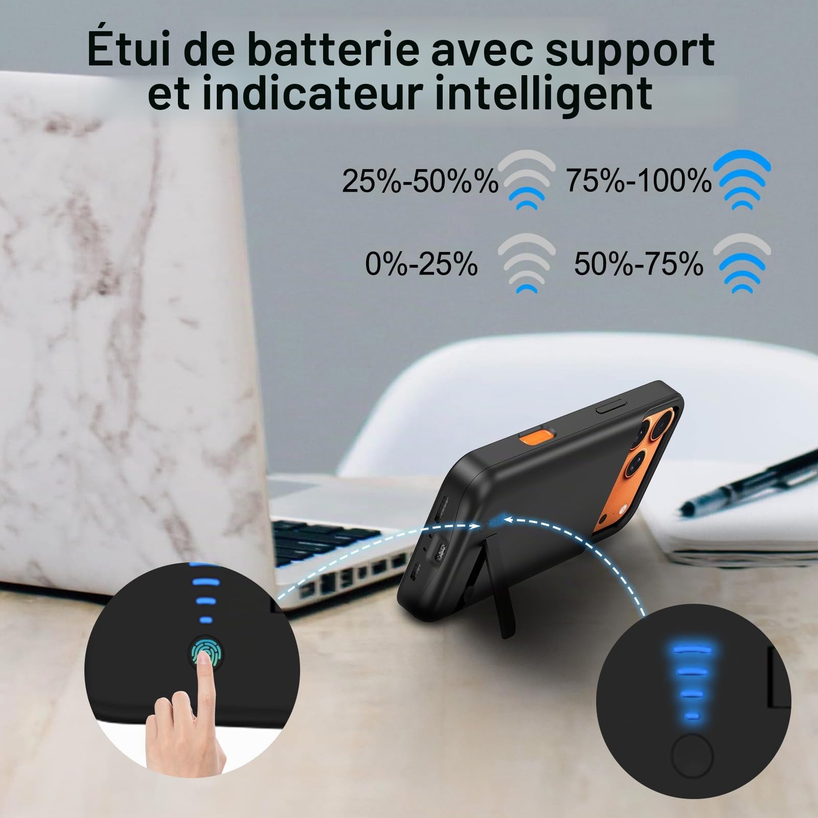 Coque Batterie pour iPhone 17 Pro (6.3"), Véritable 8500 mAh Coque de Charge étendue Fine Rechargeable avec Support, Protection Portable avec Batterie de Secours pour iPhone 17 Pro, Noir