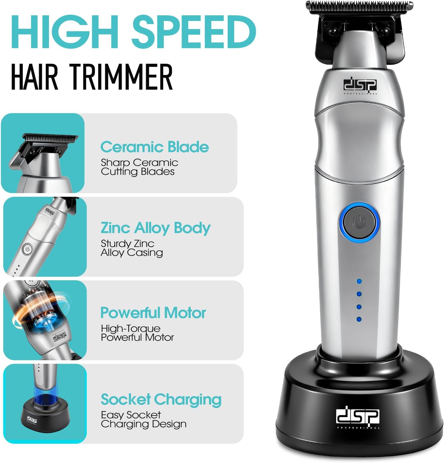 DSP Professional Hair Trimmer for Men, Beard Mustache Cordless Trimmer, Indicator Light with Charge Base, Zinc Alloy Body, Low Noise, Zero Gapped Edgers Trimmer (Silver)