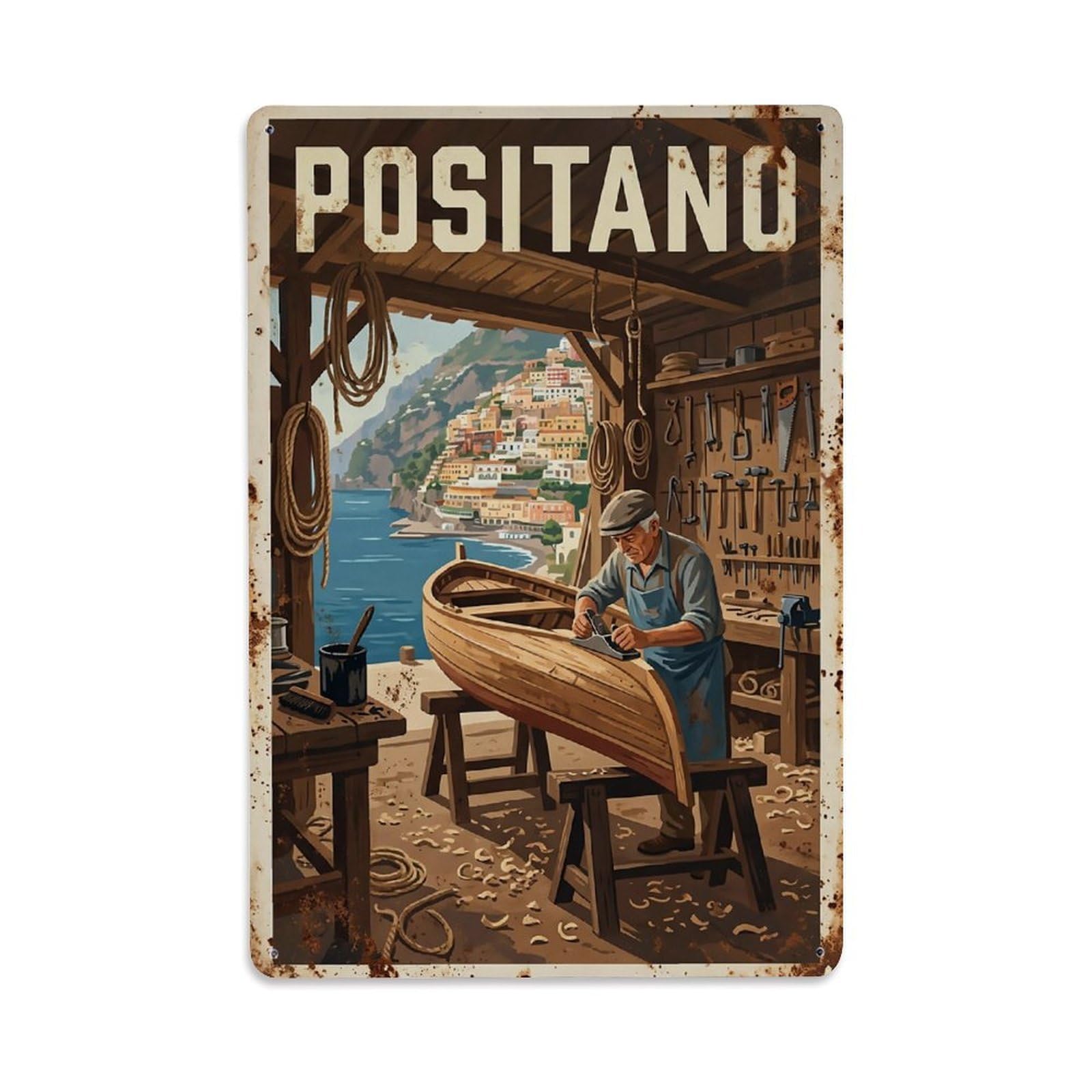 Huiyhb 8X12inch(20X30cm) Vintage Travel Positano Italy Boat Workshop Craft Metal Tin Sign