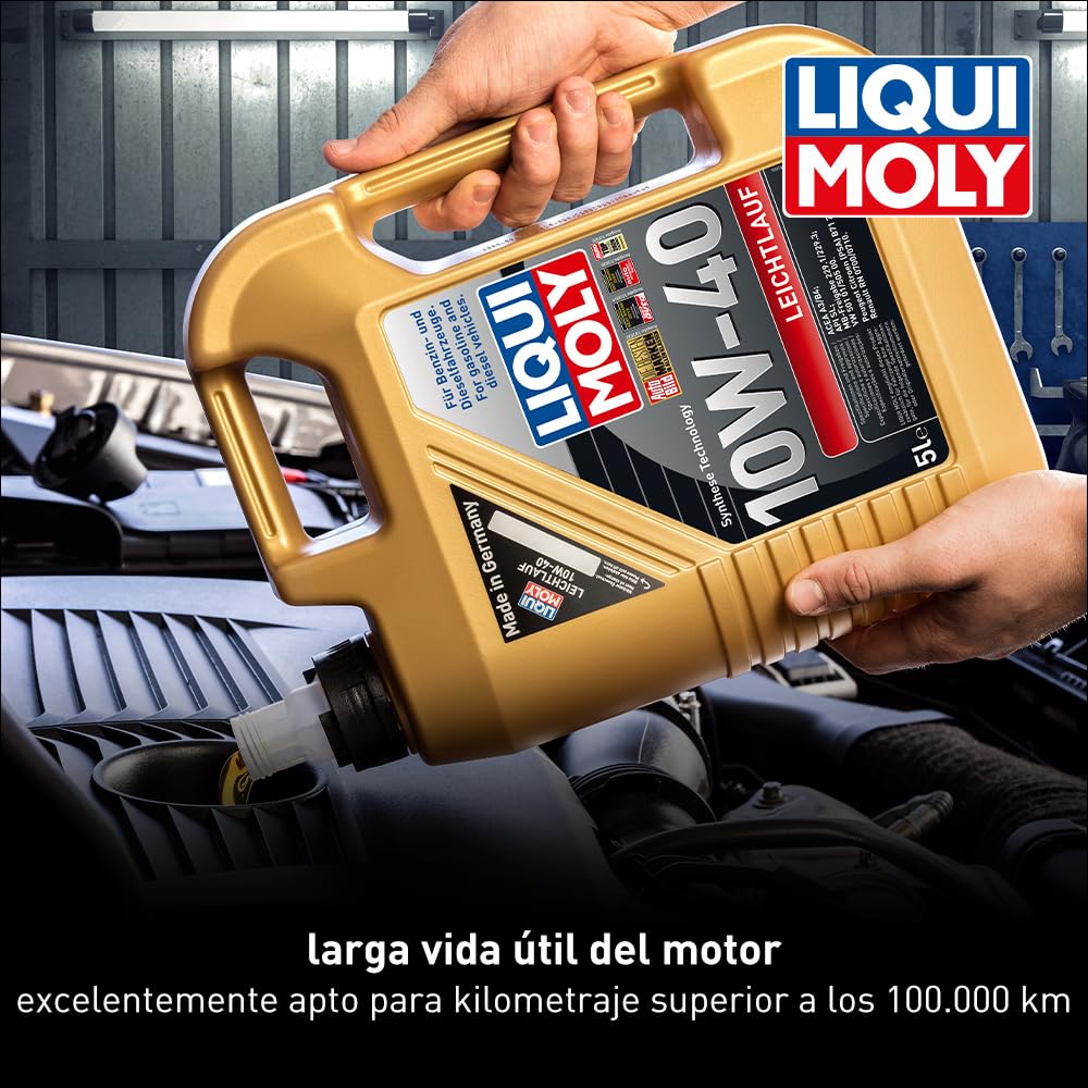 LIQUI MOLY Aceite de motor 10W-40 Leichtlauf aceite parcialmente sintético ACEA A3/B4 API SP 5L Compatible con PEUGEOT 208 I Hatchback CA, CC, TOYOTA AYGO WNB1, KGB1, NISSAN Qashqai II J11, J11, KIA