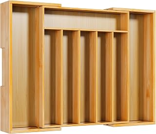 Kitsure Expandable Bamboo Silverware Organizer - Large Adjustable Drawer Insert for Utensils Cutlery Flatware 6-8 Slots Natural