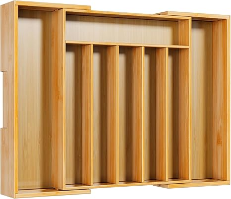 Kitsure Large Bamboo Silverware Organizer - Expandable Drawer Organizer for Utensil, Cutlery and Flatware, Kitchen Storage Solution with 6 to 8 Slots, Natural, 19.4" × 13.1" × 1.8"