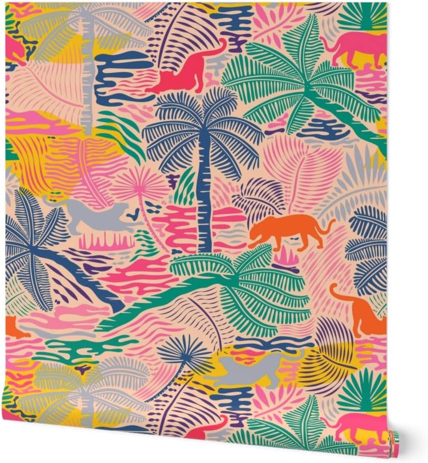 Spoonflower Peel & Stick Wallpaper 3ft x 2ft - Jungle Colorful Abstract Plants Maximalist Tropical Cats Custom Removable Wallpaper
