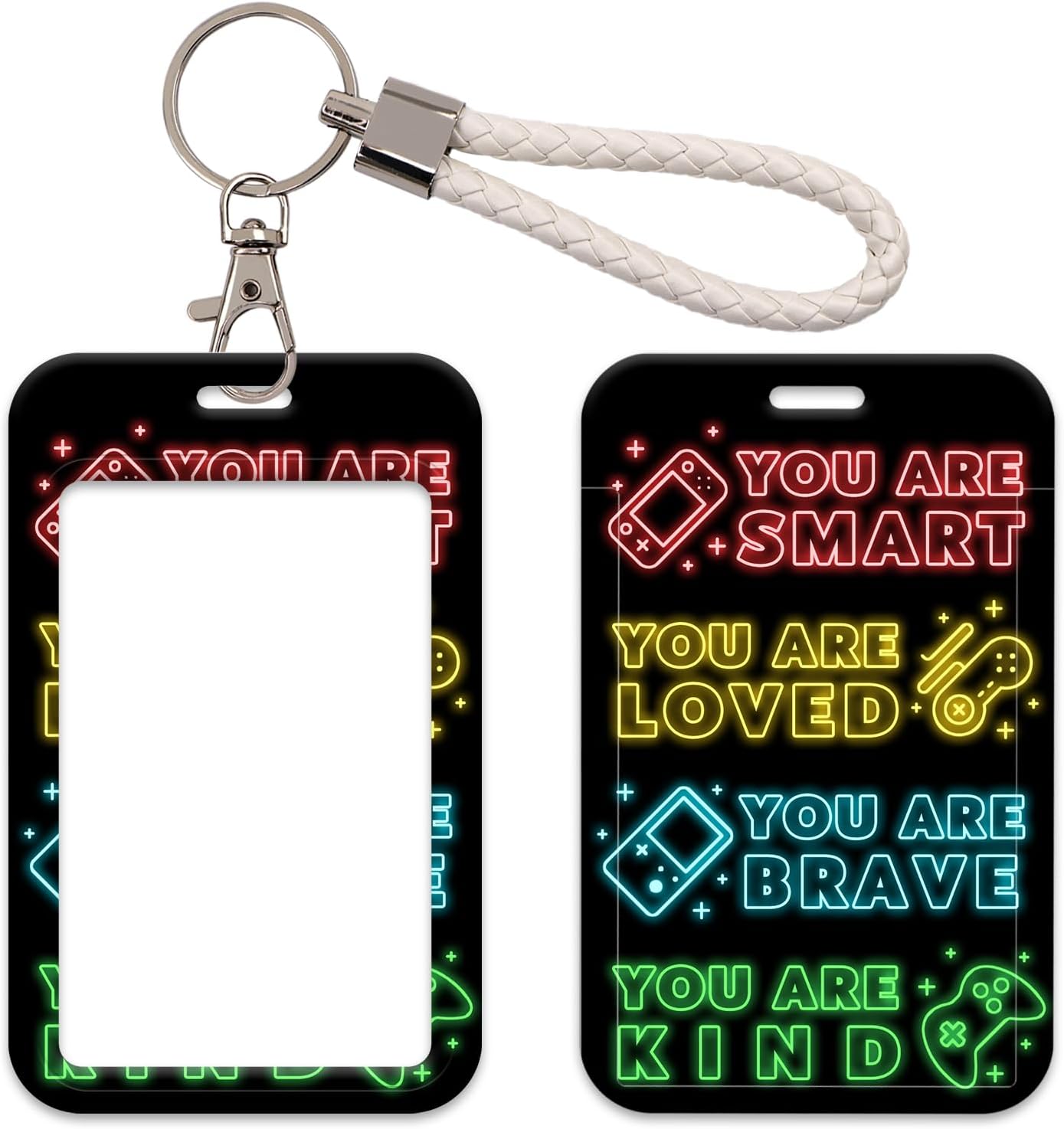 Cool Game ID Card Holder Key Chain with Keyring Cute ID Badge Holder Photocard Holder with Keychain, Card & Photo Hard Plastic Protective Case for Women Men Kids for ID Badge Keys Photocard(Quote)