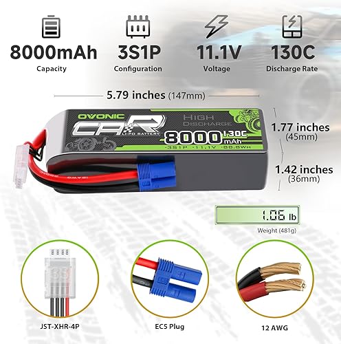 Miniatura 2 de OVONIC 3S LiPo Batería 8000mAh 11.1V 130C RC Batería con conector EC5 (paquete de 2)