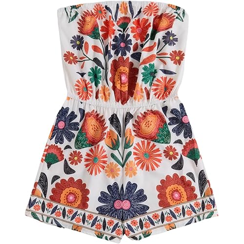 SweatyRocks Women's Off Shoulder Floral Print Playsuit Strapless Romper Short Jumpsuit